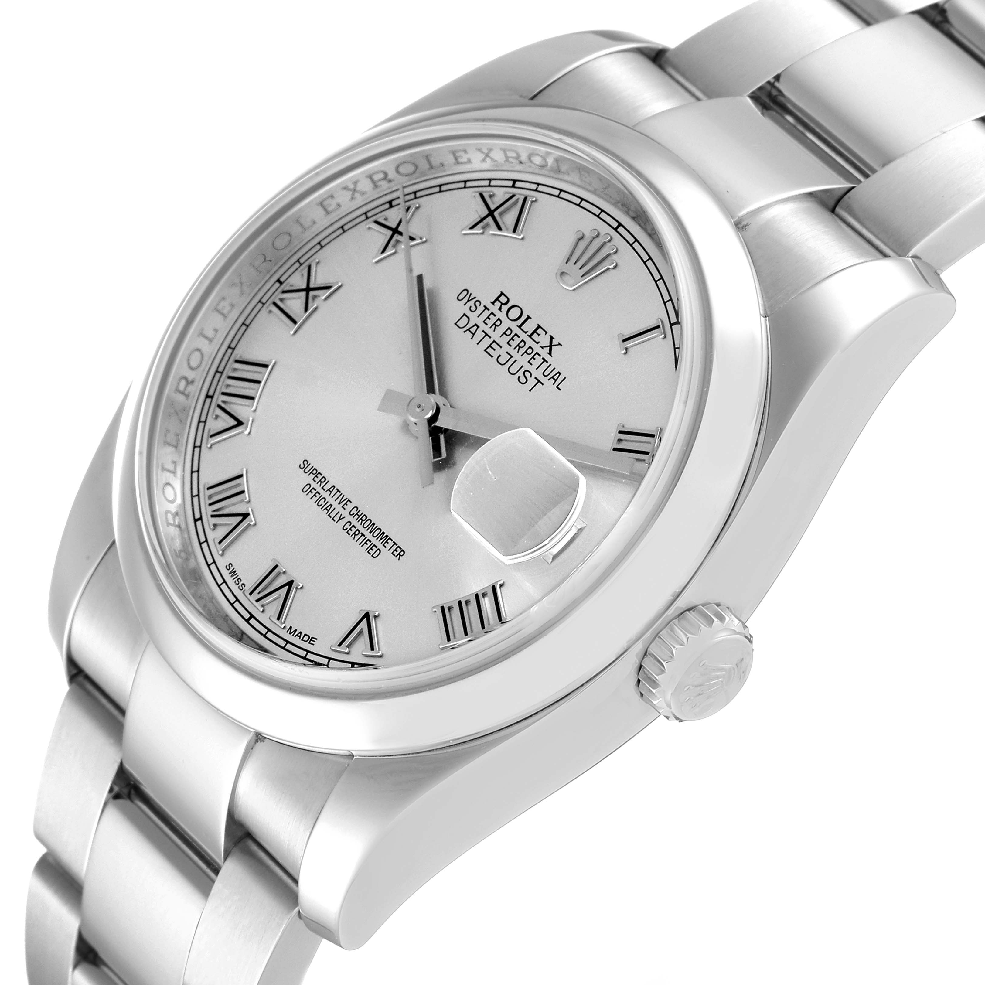 This is a Rolex Datejust 116200 Men's Stainless Steel Silver Dial 116200 Men's Stainless Steel Silver Dial watch shown from a front angle, displaying its face, crown, and part of the bracelet.