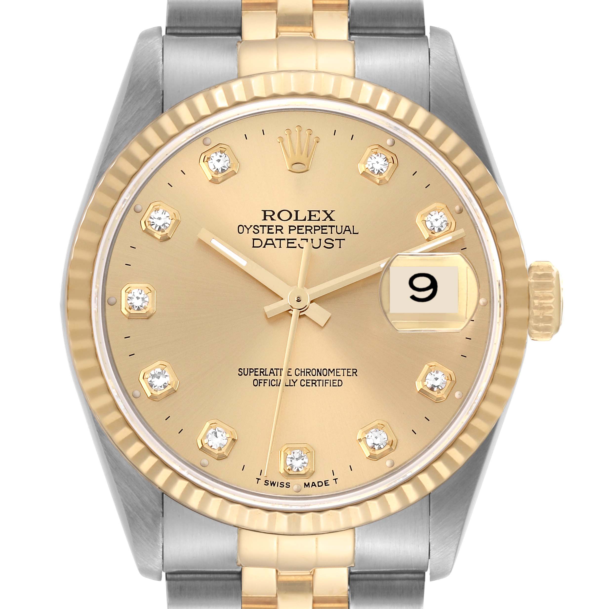 This image shows a close-up, frontal view of a Rolex Datejust 16233 Men's Steel and Gold (two tone) Champagne Dial 16233 Men's Steel and Gold (two tone) Champagne Dial watch, highlighting its dial, bezel, and partial bracelet.