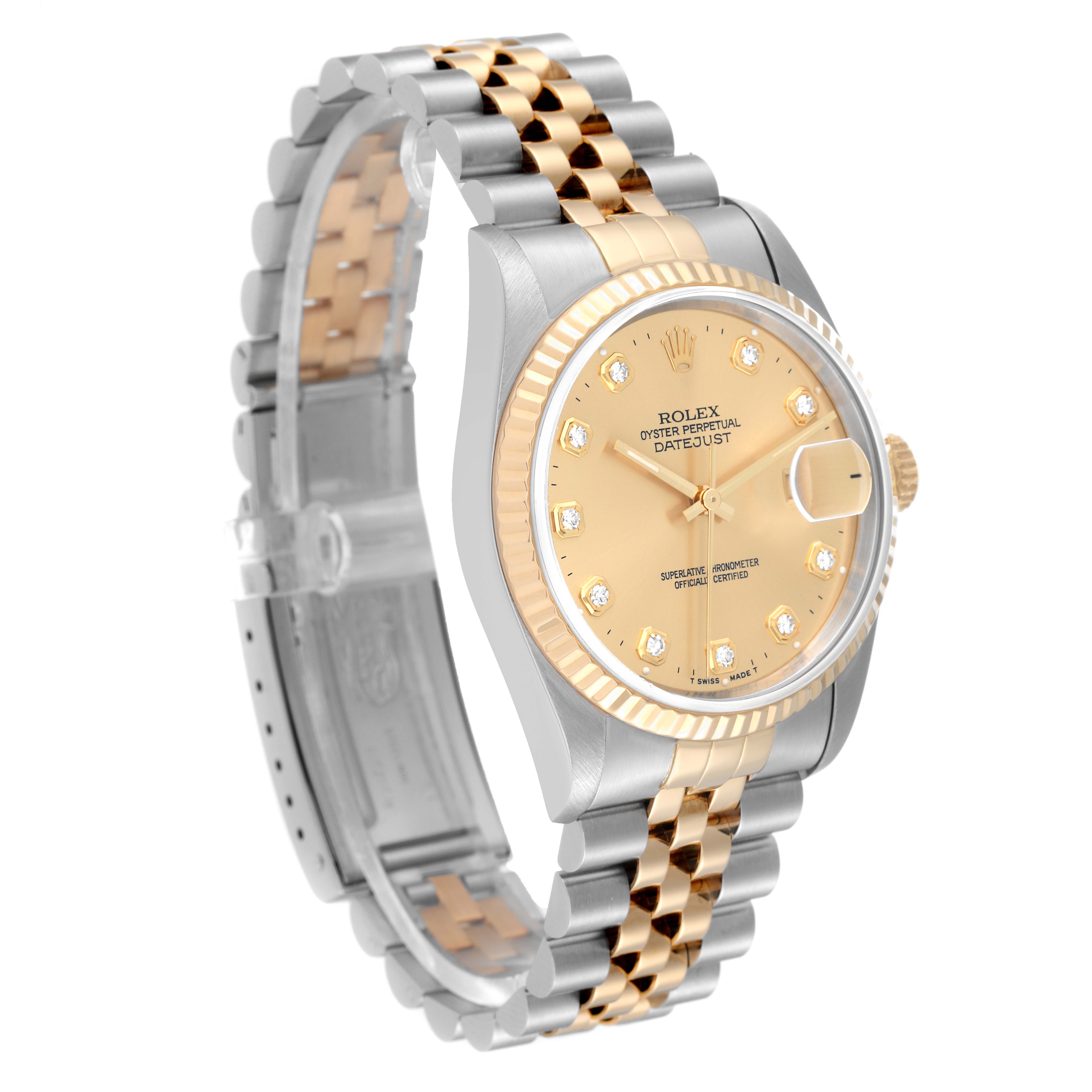 The Rolex Datejust 16233 Men's Steel and Gold (two tone) Champagne Dial 16233 Men's Steel and Gold (two tone) Champagne Dial watch is shown at a three-quarter angle, displaying its gold bezel, dial, and silver-gold Jubilee bracelet.