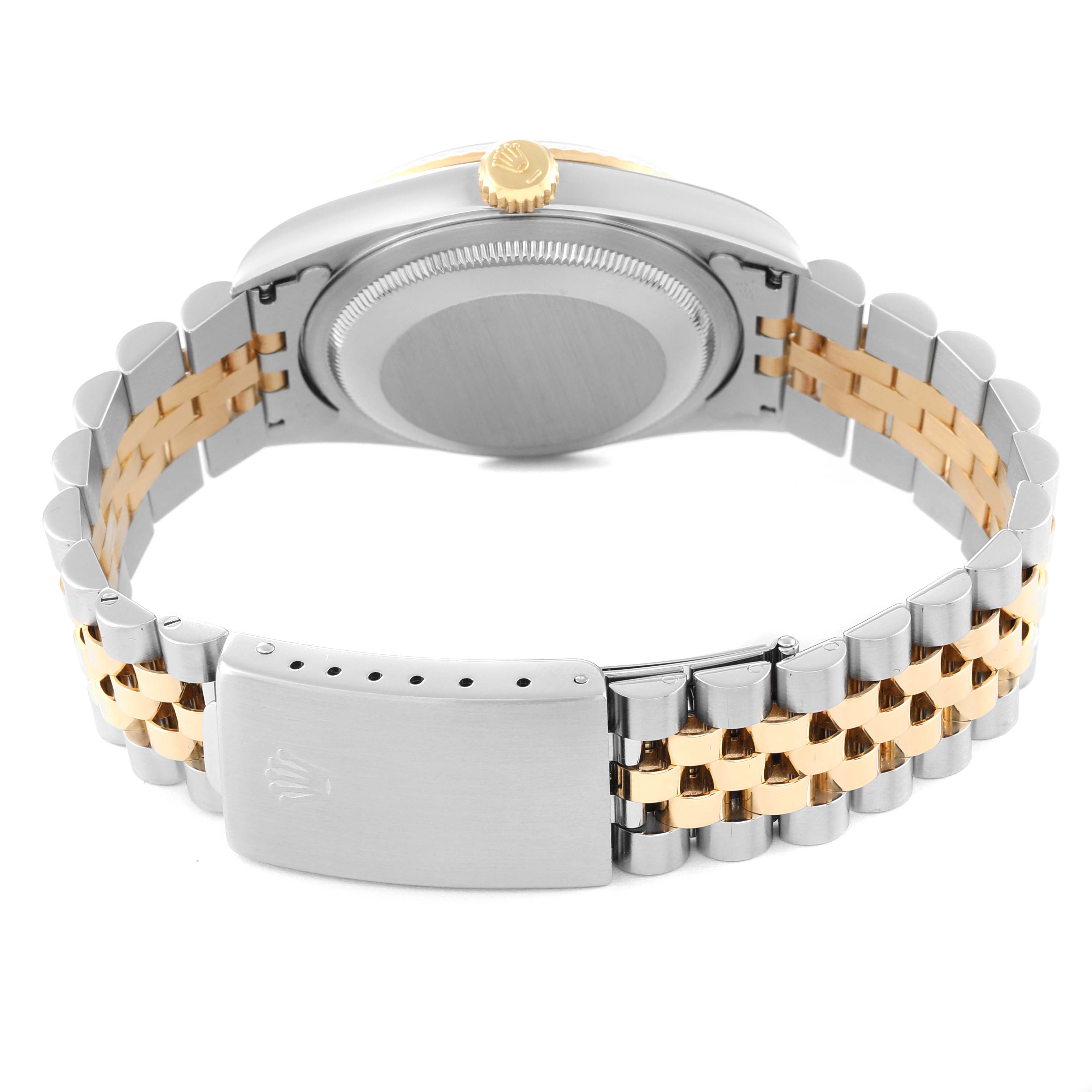 This image shows the back of a Rolex Datejust 16233 Men's Steel and Gold (two tone) Champagne Dial 16233 Men's Steel and Gold (two tone) Champagne Dial watch, focusing on the bracelet, clasp, case back, and crown.