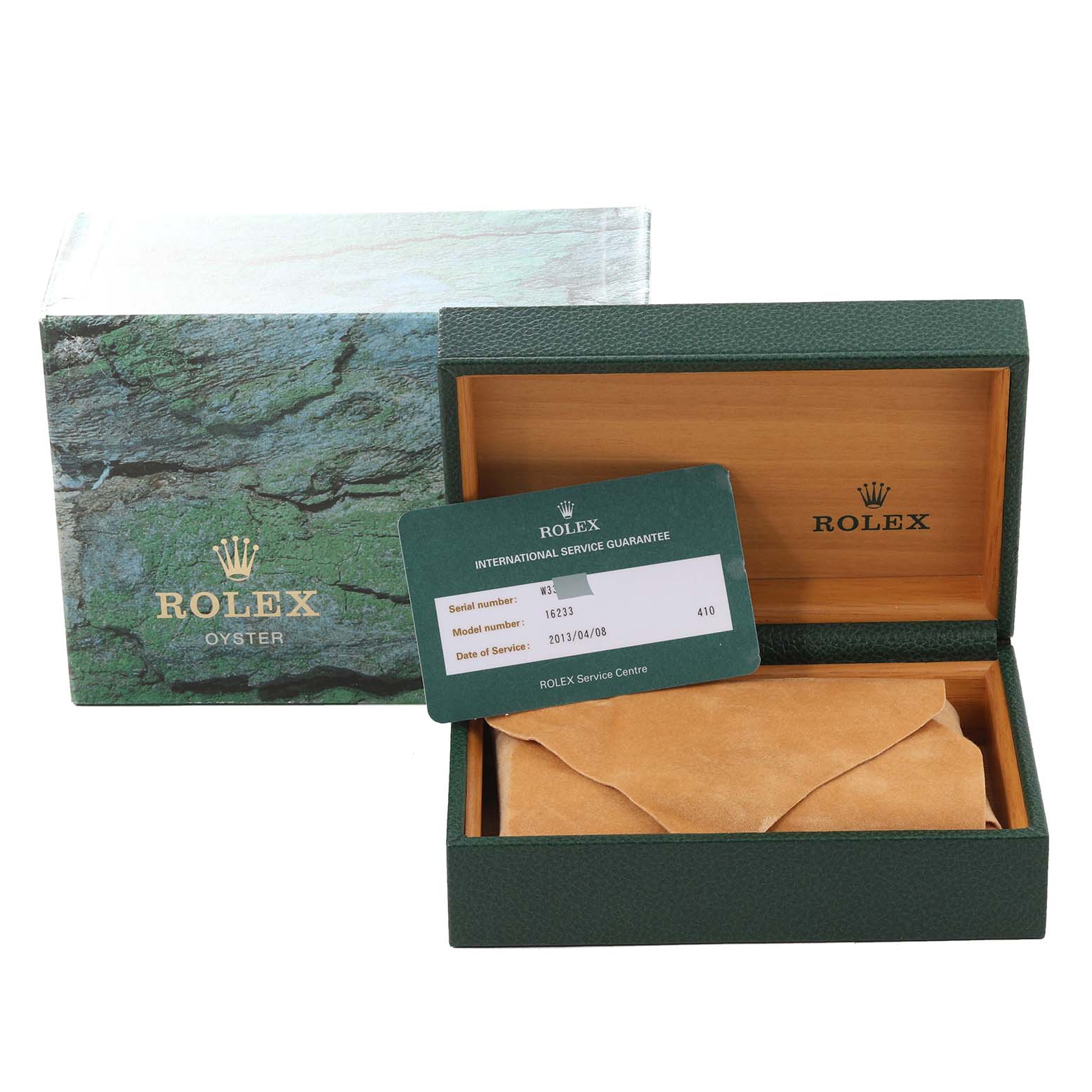 The image shows the packaging and accessories of a Rolex Datejust 16233 Men's Steel and Gold (two tone) Champagne Dial 16233 Men's Steel and Gold (two tone) Champagne Dial, including a box, a service guarantee card, and a pouch.