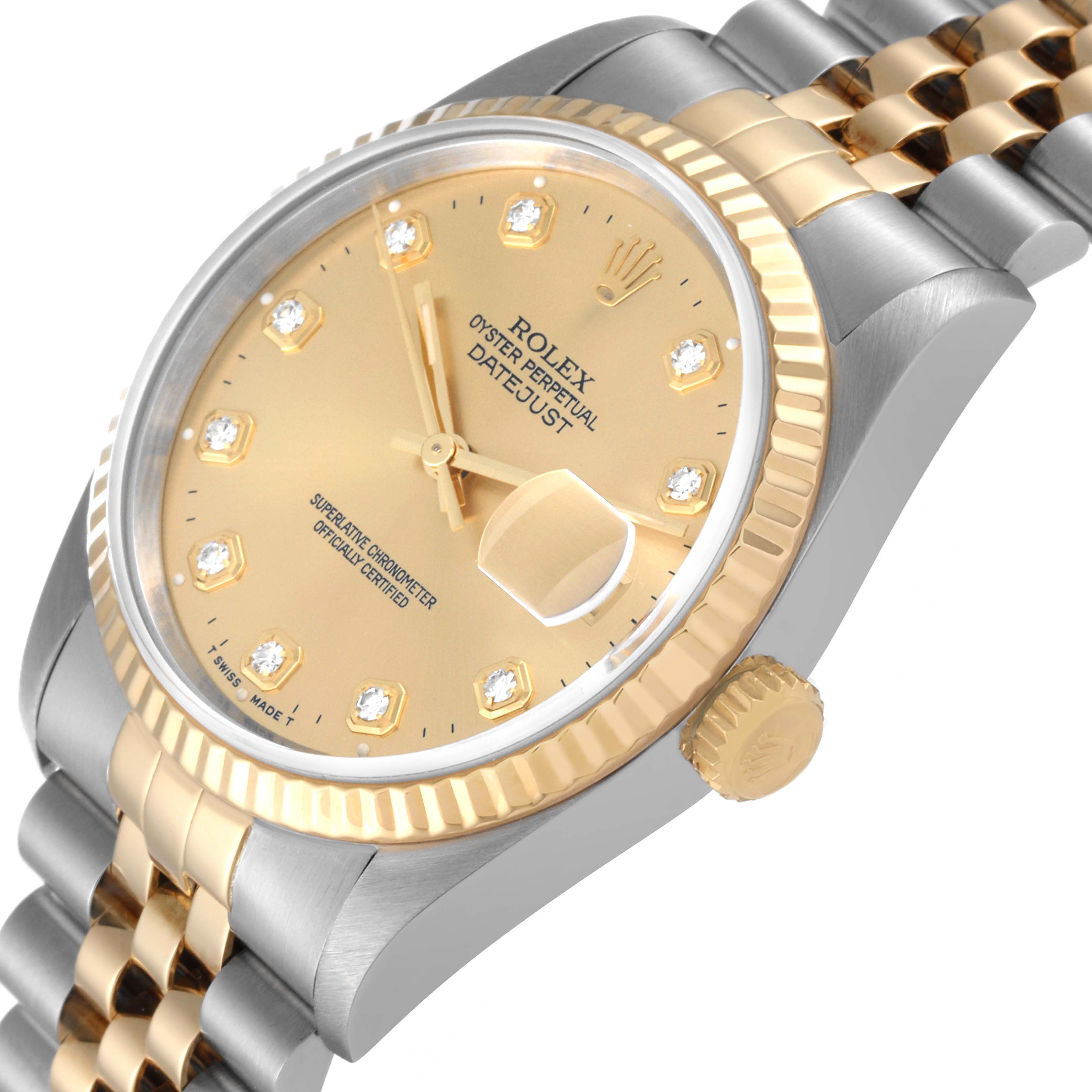 The image shows a close-up angle of the Rolex Datejust 16233 Men's Steel and Gold (two tone) Champagne Dial 16233 Men's Steel and Gold (two tone) Champagne Dial watch, displaying its face, bezel, crown, and part of the bracelet.