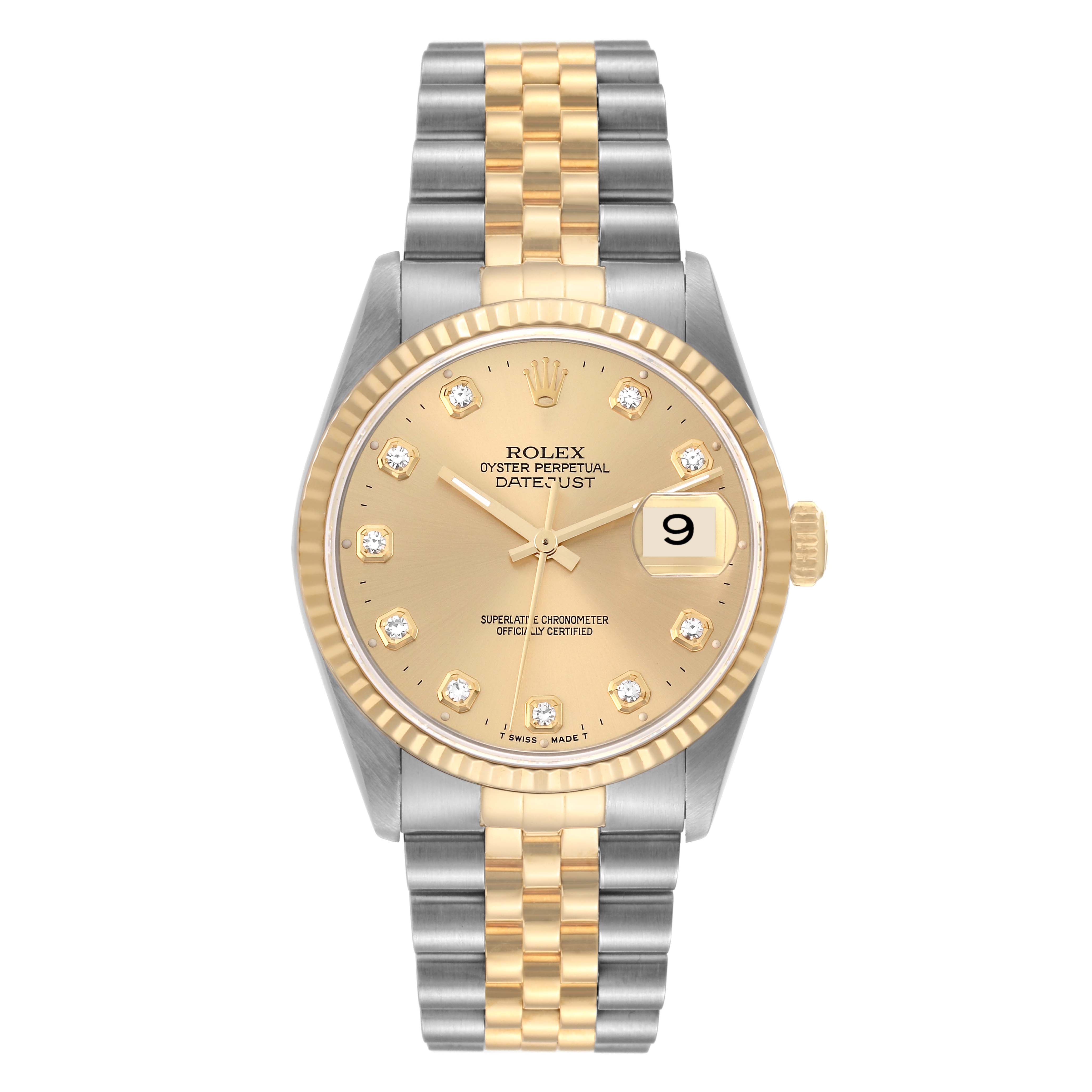 This image shows a front view of the Rolex Datejust 16233 Men's Steel and Gold (two tone) Champagne Dial 16233 Men's Steel and Gold (two tone) Champagne Dial watch, highlighting its dial, bezel, crown, and two-tone bracelet.
