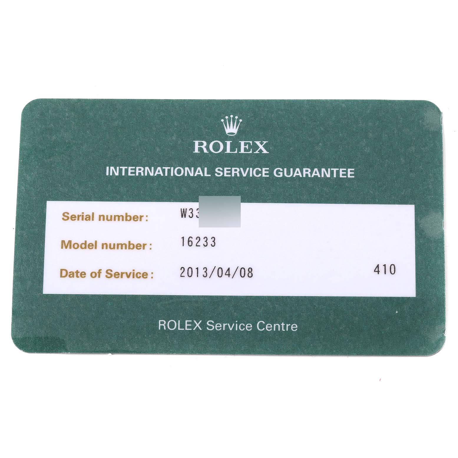 This is an image of a Rolex International Service Guarantee card for the Datejust model 16233.
