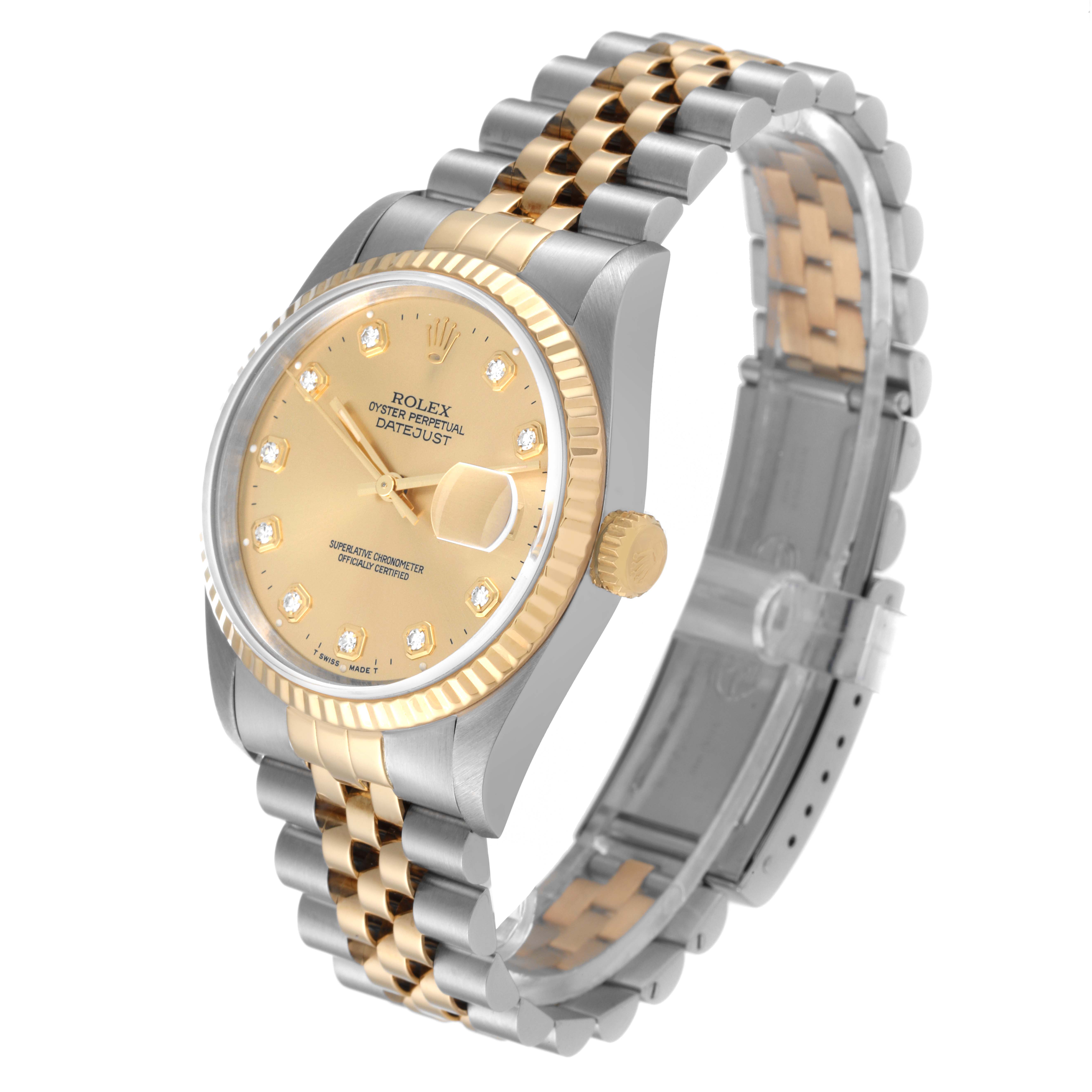 The Rolex Datejust 16233 Men's Steel and Gold (two tone) Champagne Dial 16233 Men's Steel and Gold (two tone) Champagne Dial watch is shown at an angle highlighting the dial, bezel, crown, and two-tone bracelet.