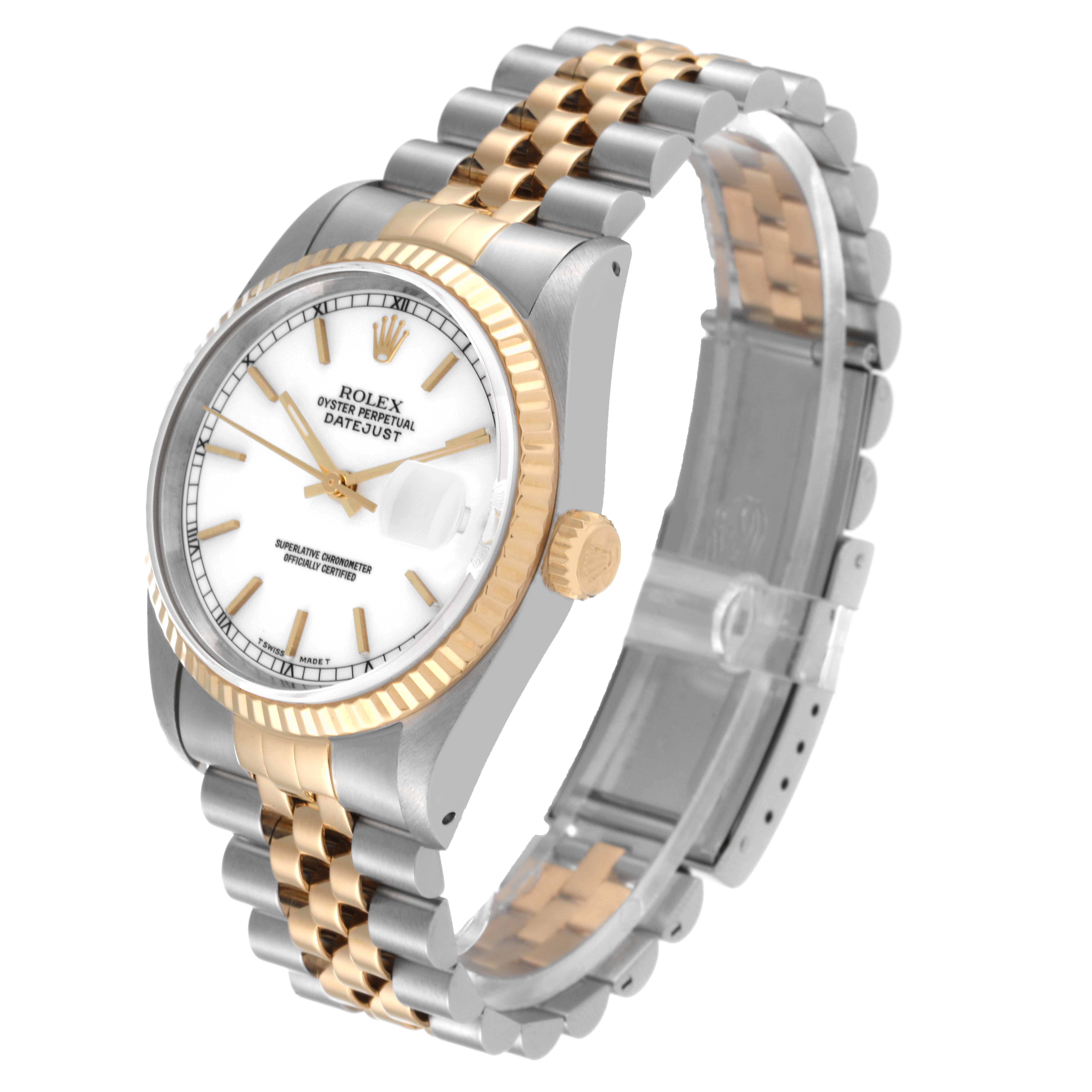 The Rolex Datejust 16233 Men's Steel and Gold (two tone) White Dial 16233 Men's Steel and Gold (two tone) White Dial watch is shown at a front angle, displaying its face, bezel, crown, and jubilee bracelet.