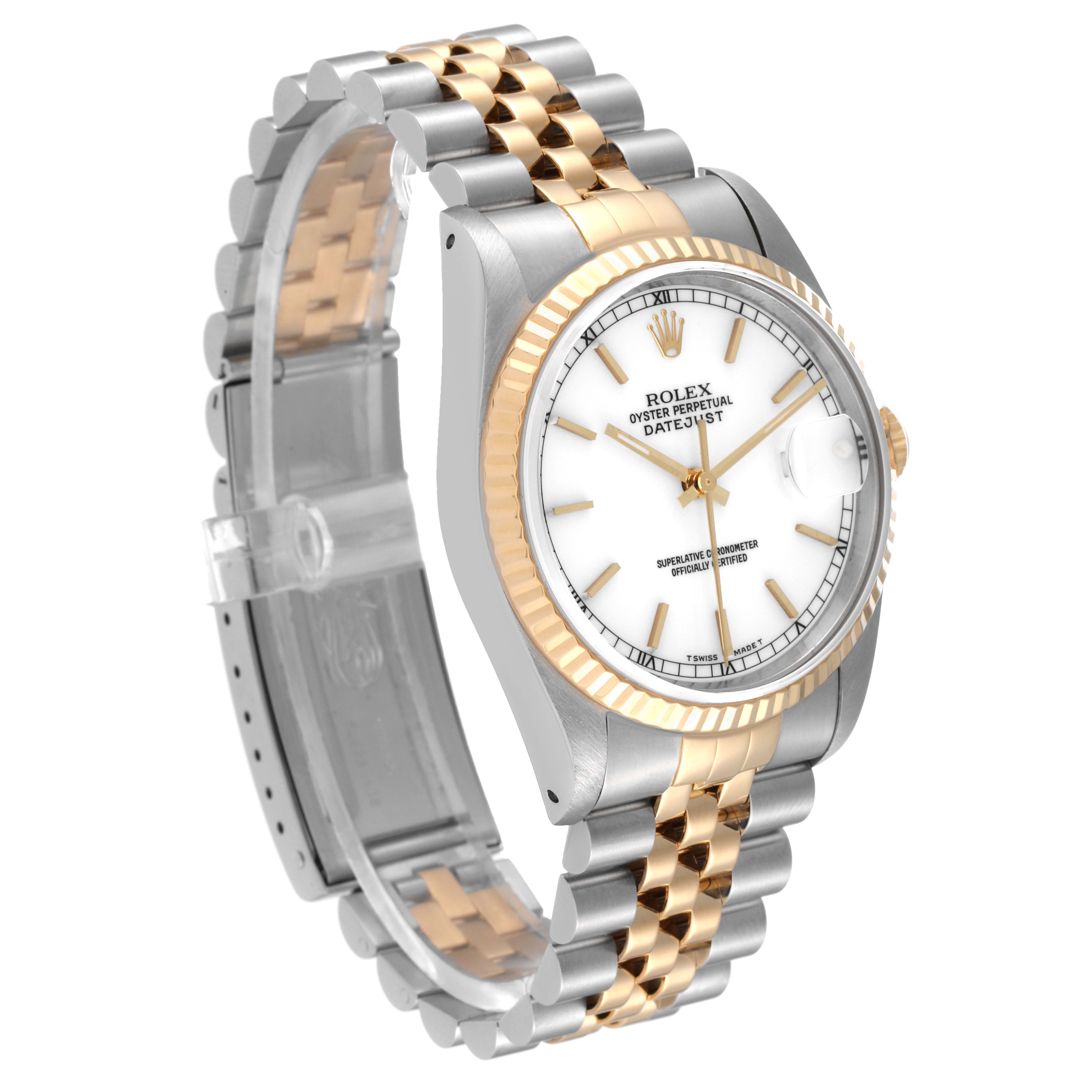 The Rolex Datejust 16233 Men's Steel and Gold (two tone) White Dial 16233 Men's Steel and Gold (two tone) White Dial watch is shown at a 3/4 angle, displaying its two-tone bracelet, fluted bezel, and white dial.