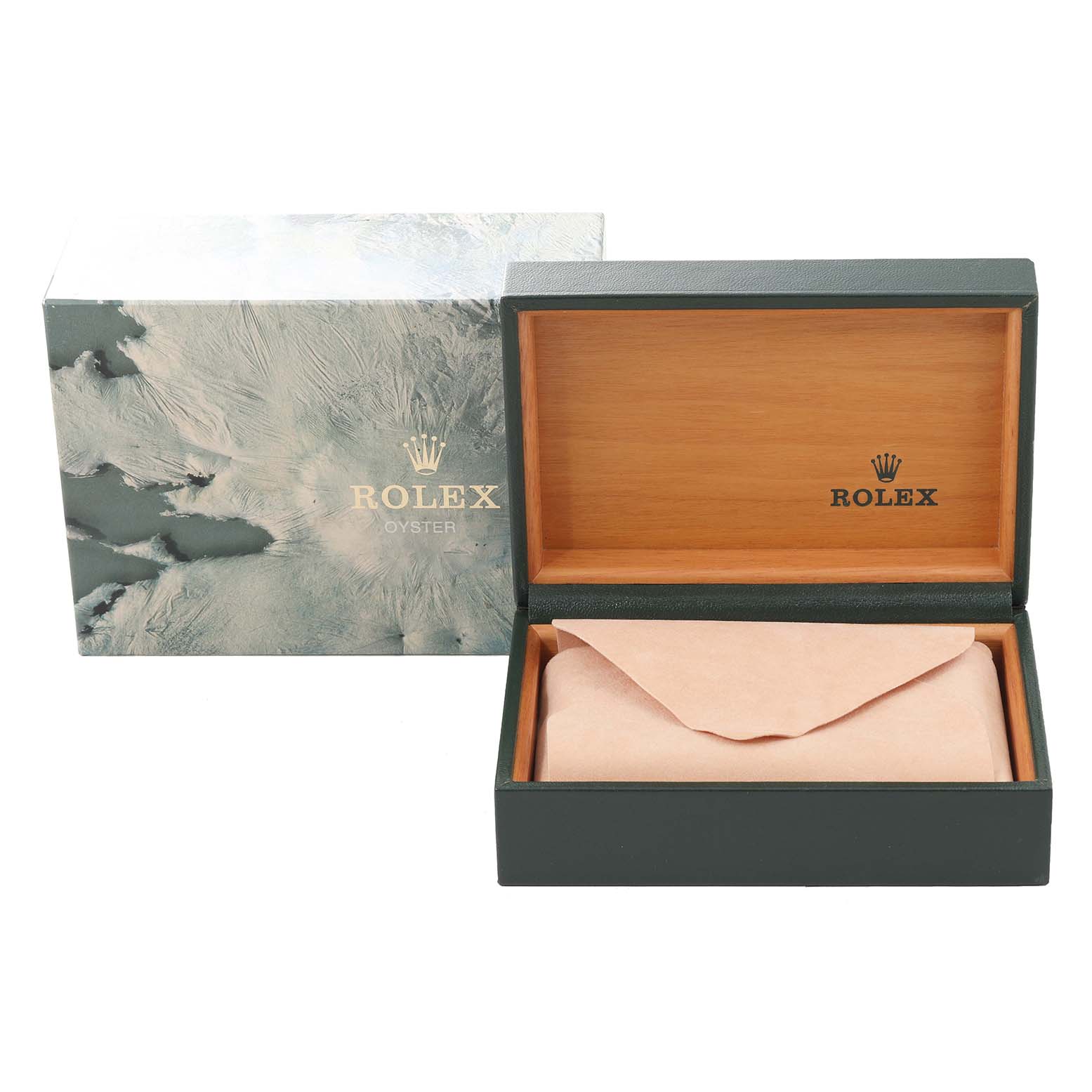 The image shows an open Rolex Datejust 16233 Men's Steel and Gold (two tone) White Dial 16233 Men's Steel and Gold (two tone) White Dial box with the lid displaying the Rolex logo and an outer display box.