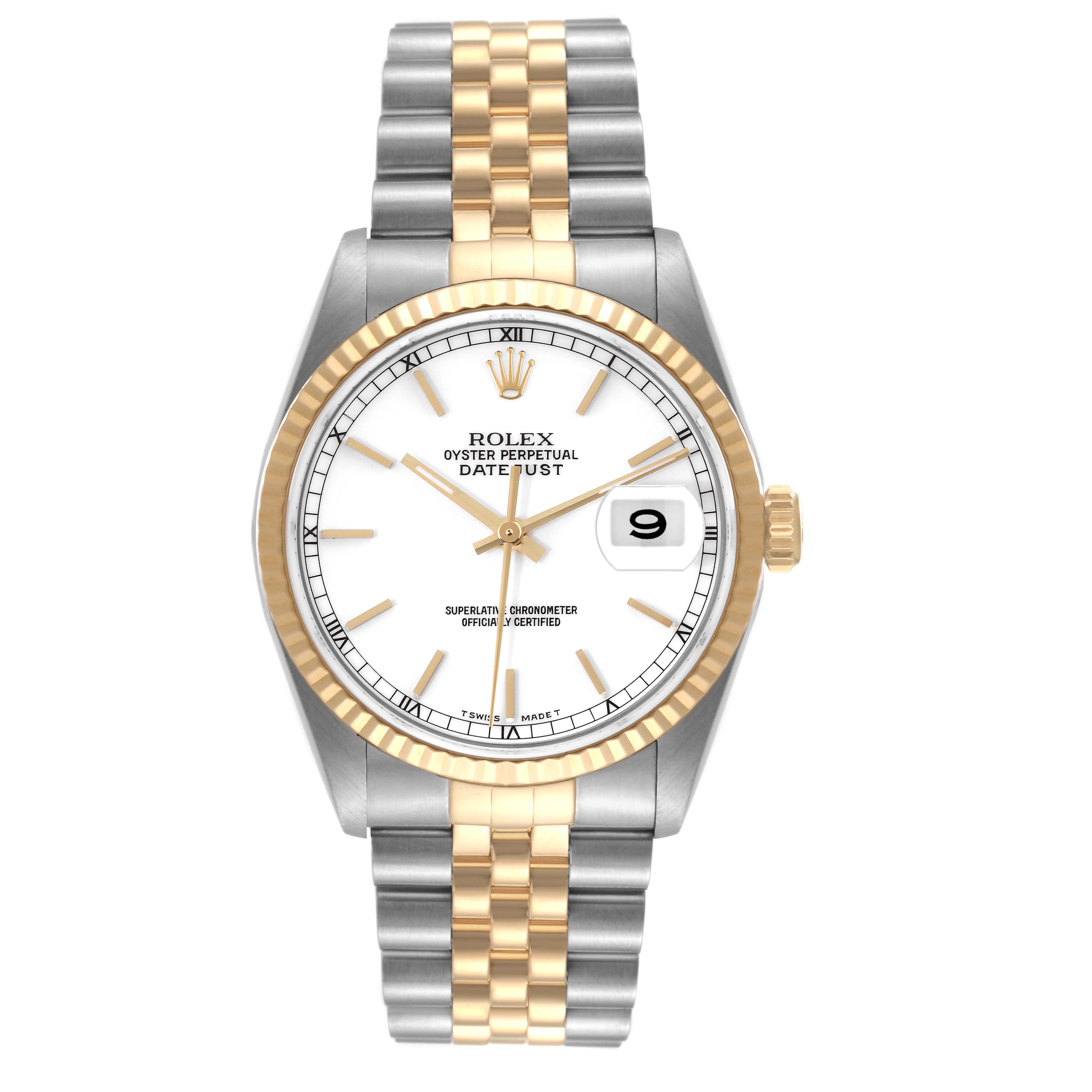 The image shows a front view of the Rolex Datejust 16233 Men's Steel and Gold (two tone) White Dial 16233 Men's Steel and Gold (two tone) White Dial watch, highlighting its dial, bezel, bracelet, and crown.