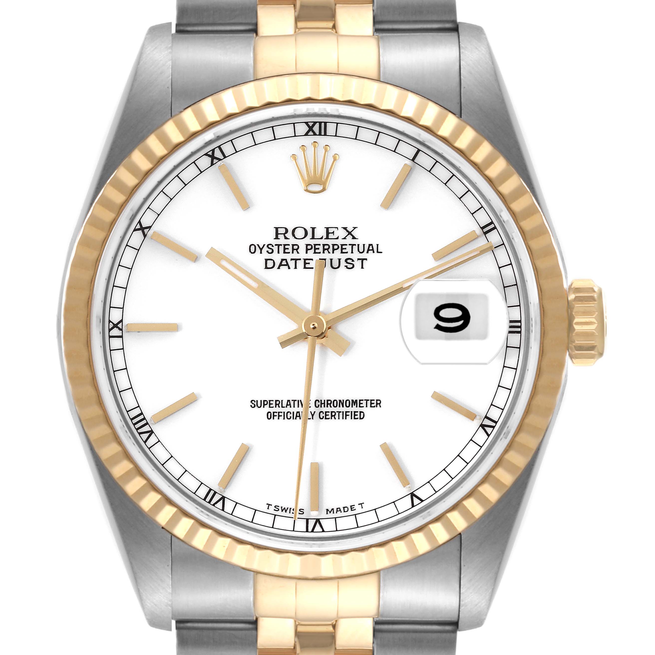 The image shows a Rolex Datejust 16233 Men's Steel and Gold (two tone) White Dial 16233 Men's Steel and Gold (two tone) White Dial watch with a white dial, gold bezel, gold and silver bracelet, and date window at 3 o'clock.