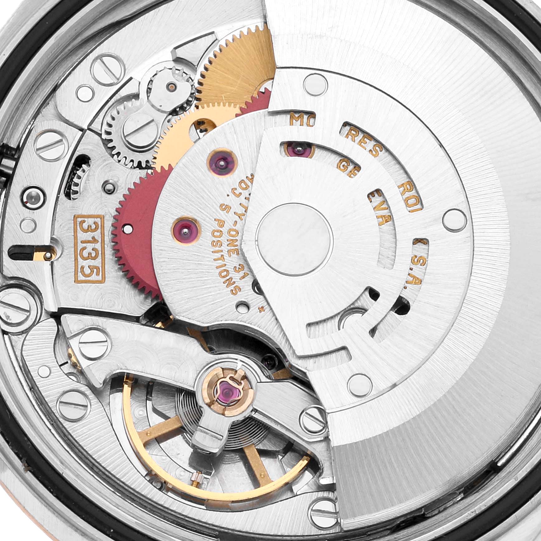 The image shows an up-close view of the movement mechanism of a Rolex Datejust 16233 Men's Steel and Gold (two tone) White Dial 16233 Men's Steel and Gold (two tone) White Dial watch.