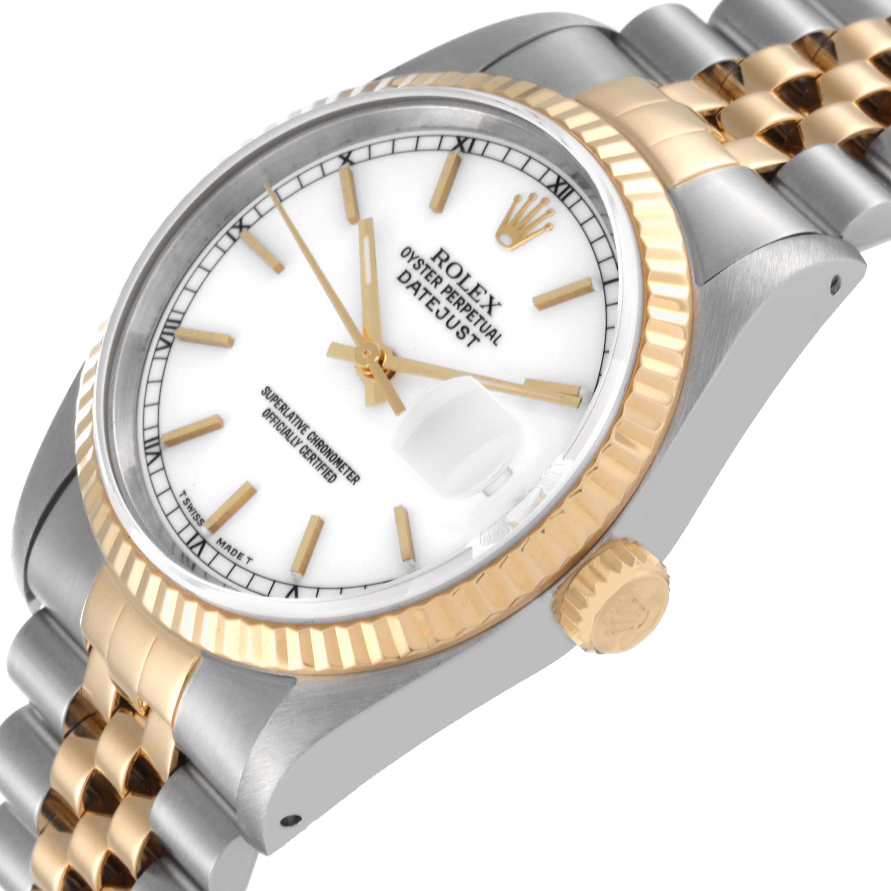 The image shows a Rolex Datejust 16233 Men's Steel and Gold (two tone) White Dial 16233 Men's Steel and Gold (two tone) White Dial watch from an angled view, displaying its dial, bezel, crown, and bracelet.