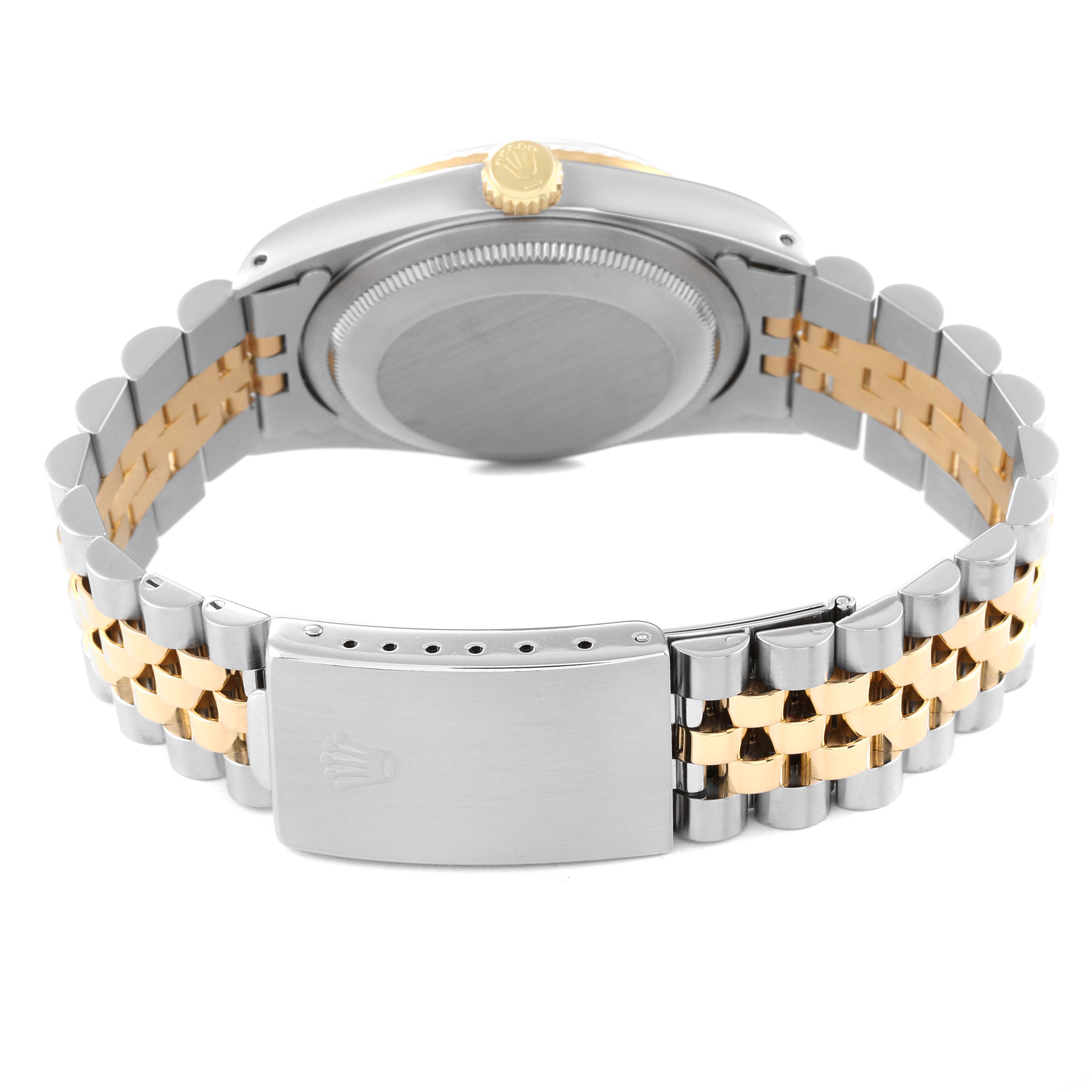 The image shows the back angle of a Rolex Datejust 16233 Men's Steel and Gold (two tone) White Dial 16233 Men's Steel and Gold (two tone) White Dial watch, highlighting its bracelet, clasp, and case back.