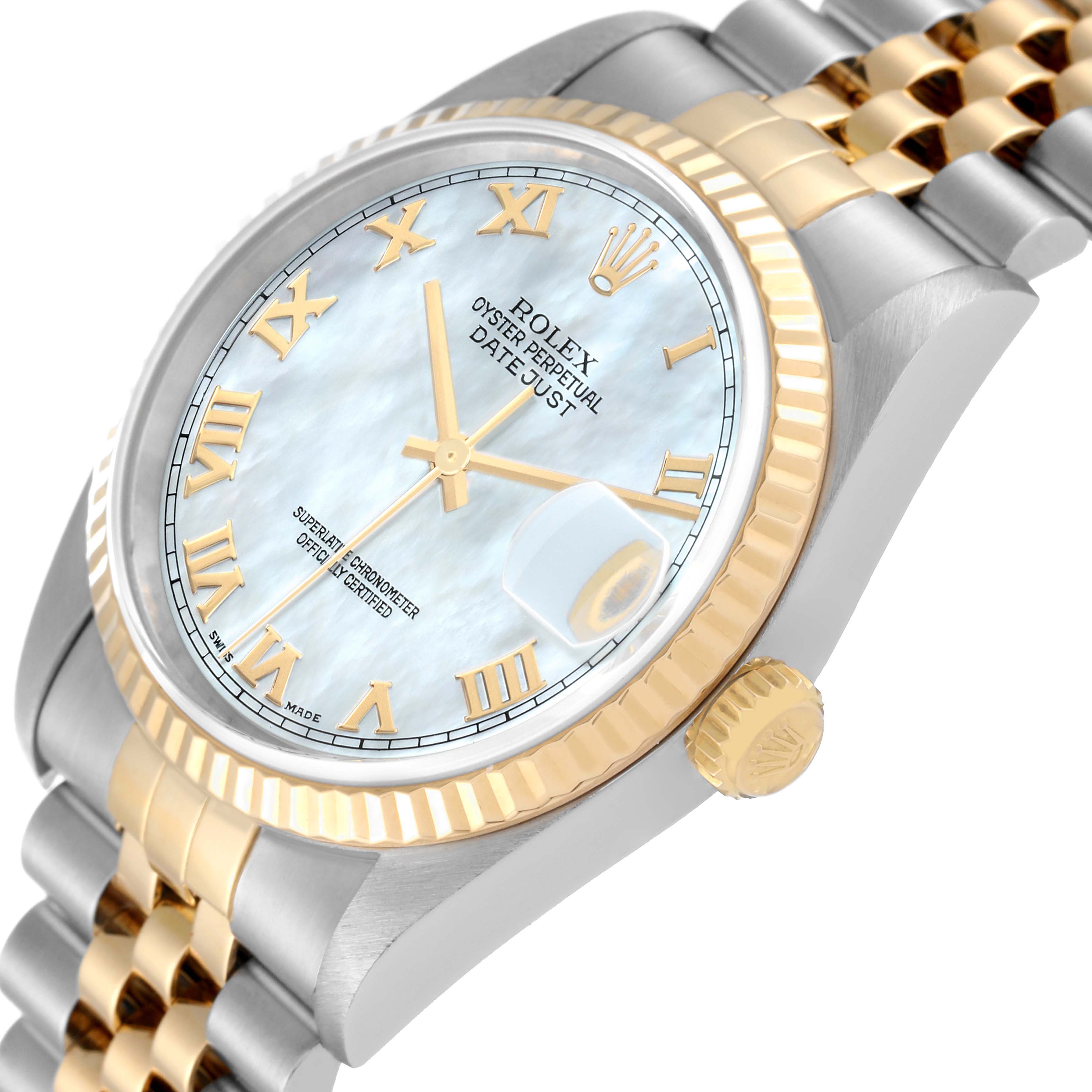 The image shows a side angle of a Rolex Datejust 16233 Men's Steel and Gold (two tone) Mother of Pearl Dial 16233 Men's Steel and Gold (two tone) Mother of Pearl Dial watch, highlighting the dial, bezel, and part of the bracelet.