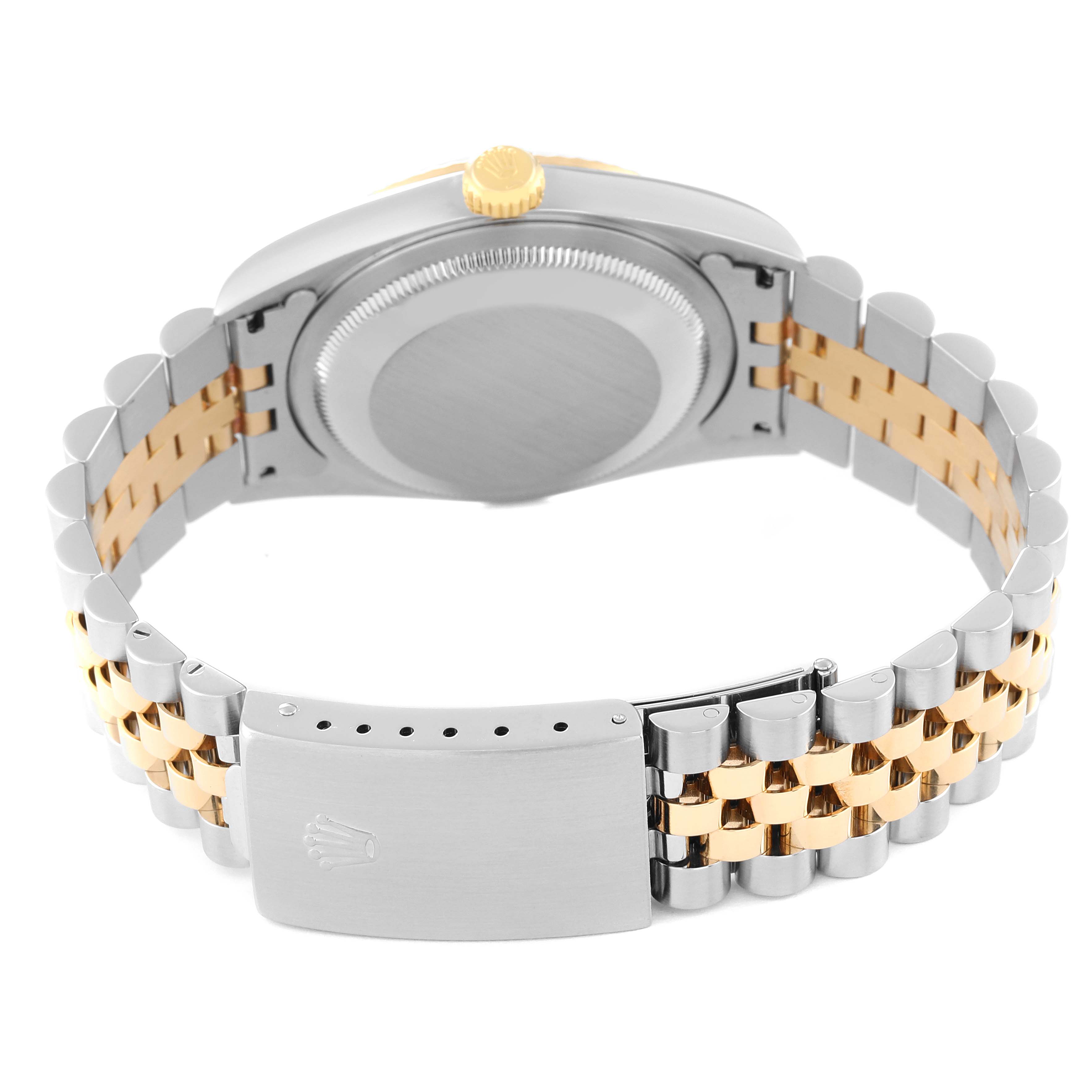 The image shows the back and bracelet of a Rolex Datejust 16233 Men's Steel and Gold (two tone) Mother of Pearl Dial 16233 Men's Steel and Gold (two tone) Mother of Pearl Dial watch.