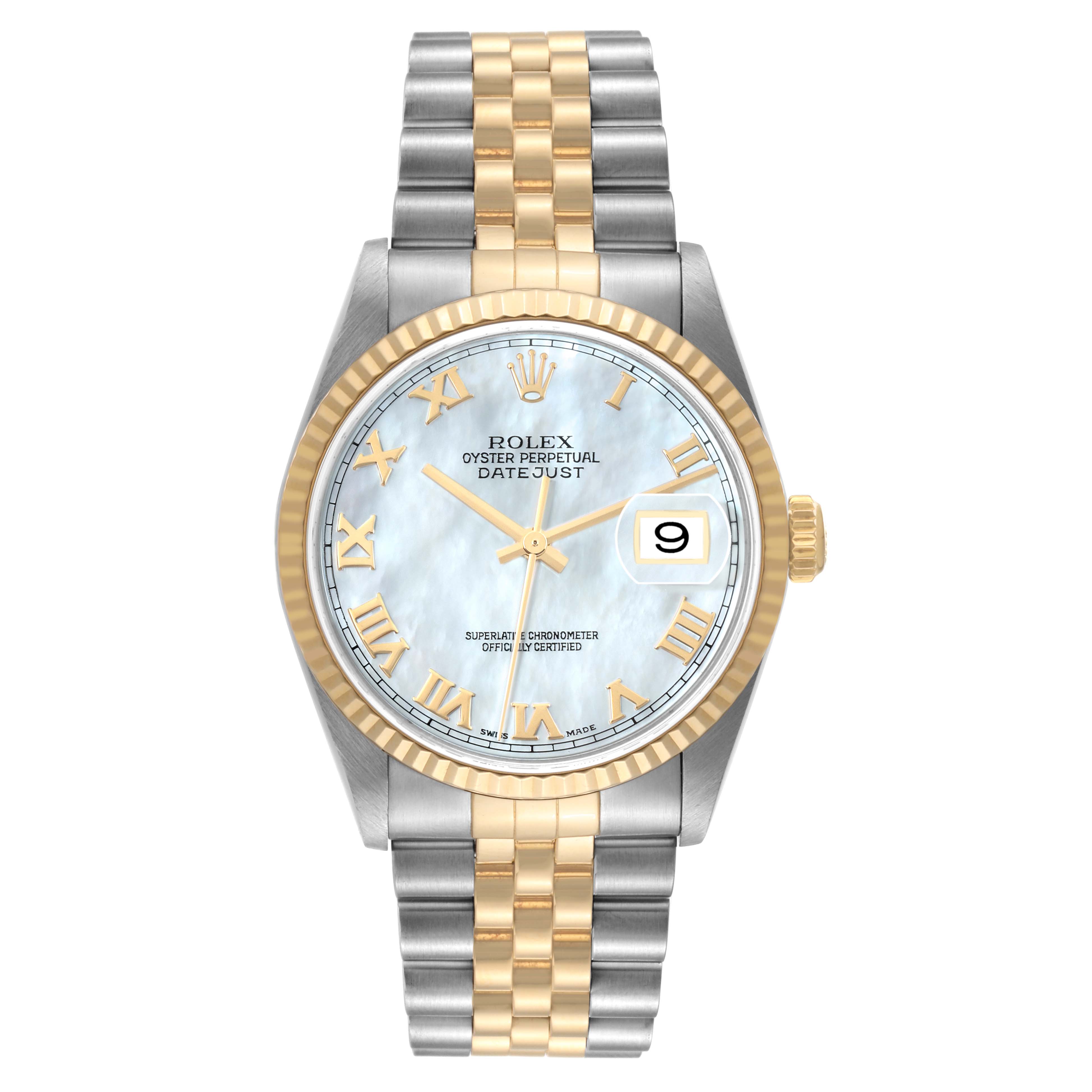 The Rolex Datejust 16233 Men's Steel and Gold (two tone) Mother of Pearl Dial 16233 Men's Steel and Gold (two tone) Mother of Pearl Dial watch is shown from a front view, highlighting the face, bezel, and bracelet.
