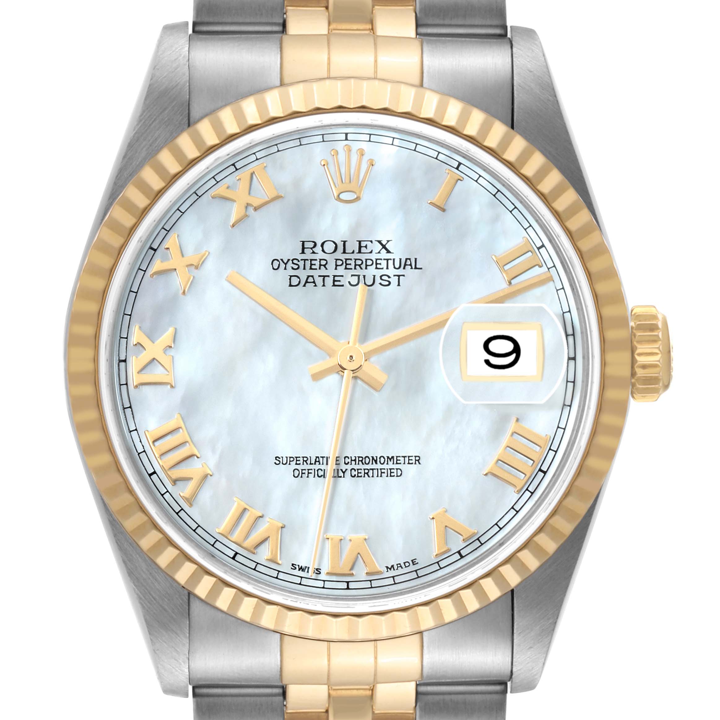 This image shows a front view of a Rolex Datejust 16233 Men's Steel and Gold (two tone) Mother of Pearl Dial 16233 Men's Steel and Gold (two tone) Mother of Pearl Dial watch, highlighting the face, bezel, and part of the bracelet.