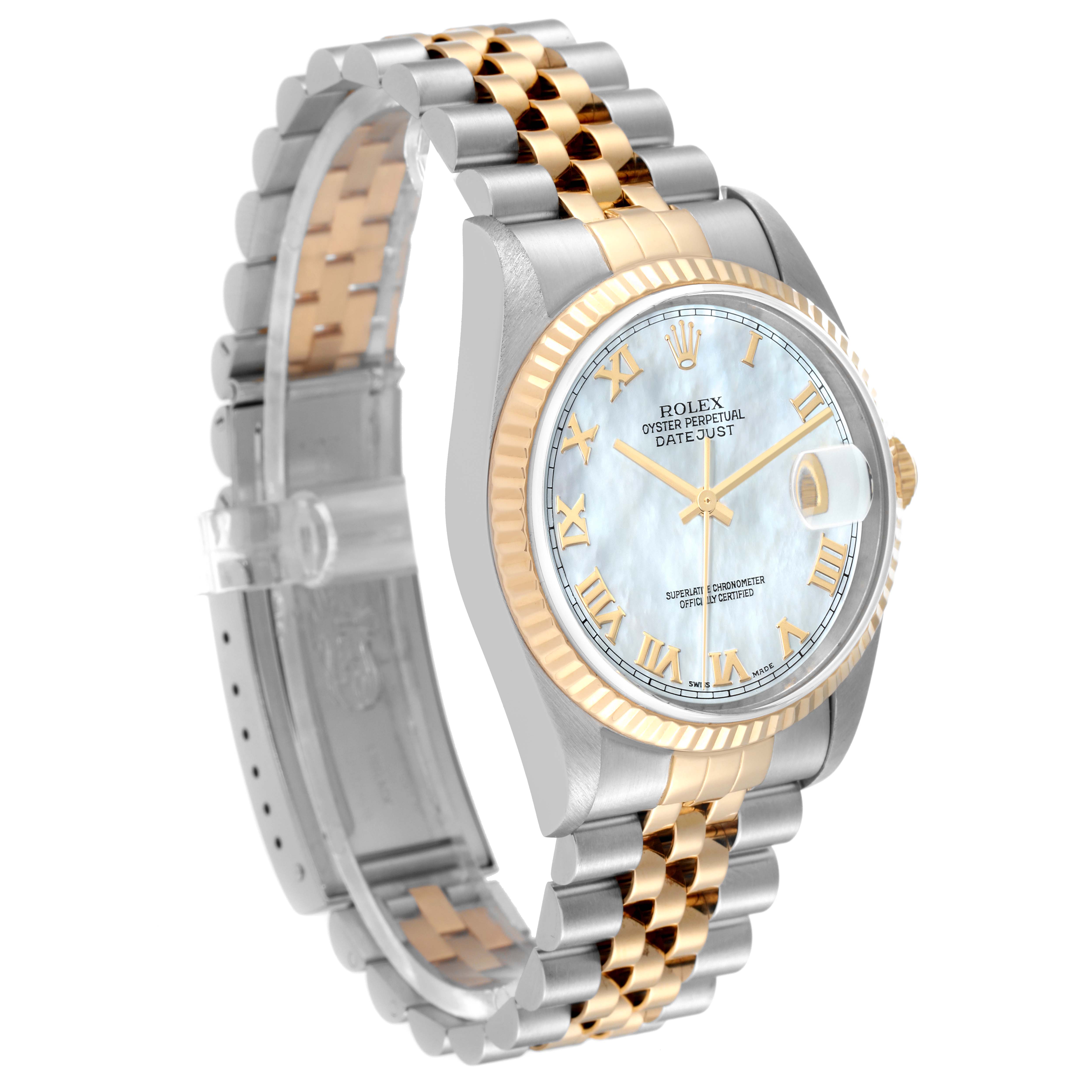 This image shows a side angled view of a Rolex Datejust 16233 Men's Steel and Gold (two tone) Mother of Pearl Dial 16233 Men's Steel and Gold (two tone) Mother of Pearl Dial watch, highlighting its band, face, and crown.