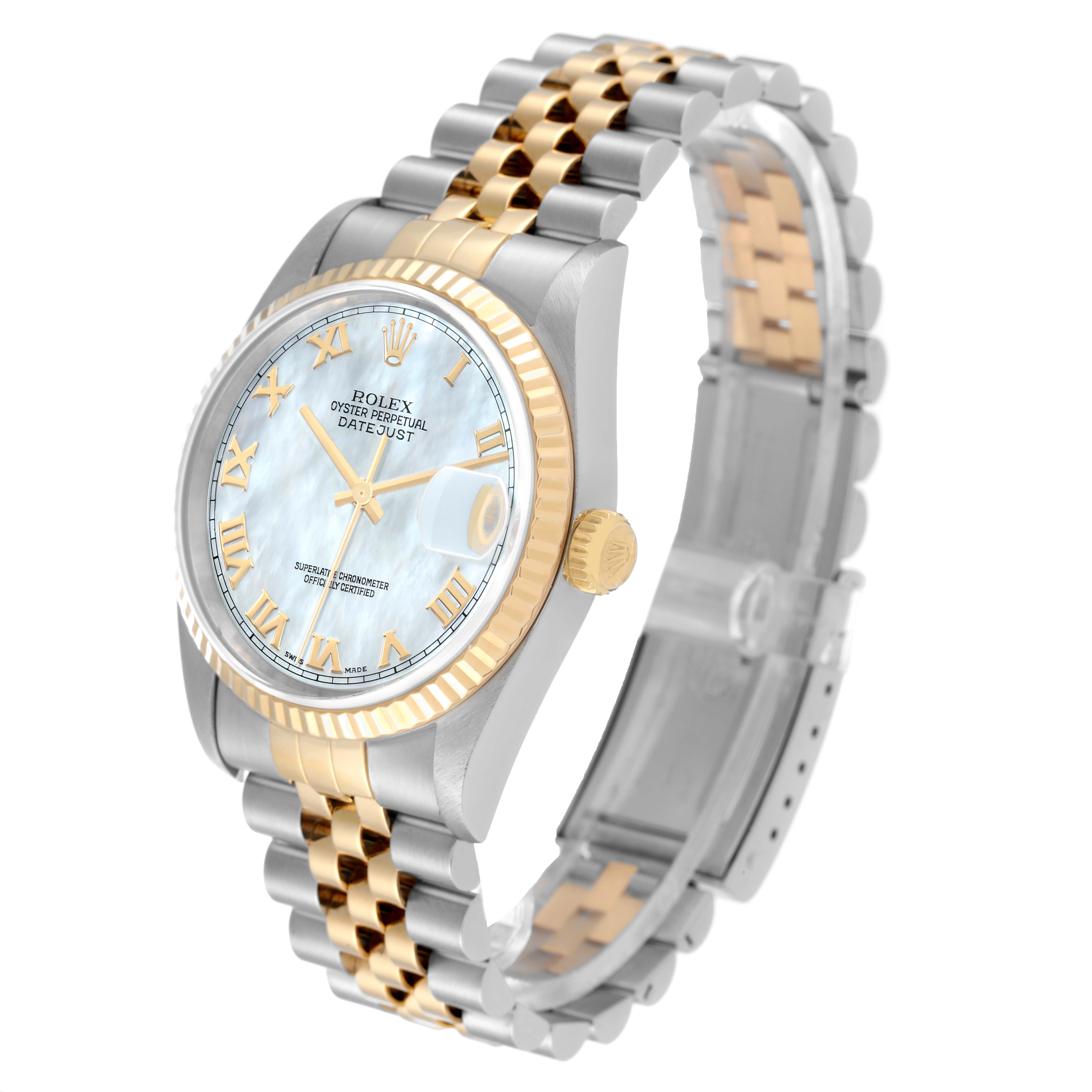 This image shows a Rolex Datejust 16233 Men's Steel and Gold (two tone) Mother of Pearl Dial 16233 Men's Steel and Gold (two tone) Mother of Pearl Dial watch at an oblique angle, highlighting the face, bezel, crown, and two-tone bracelet.