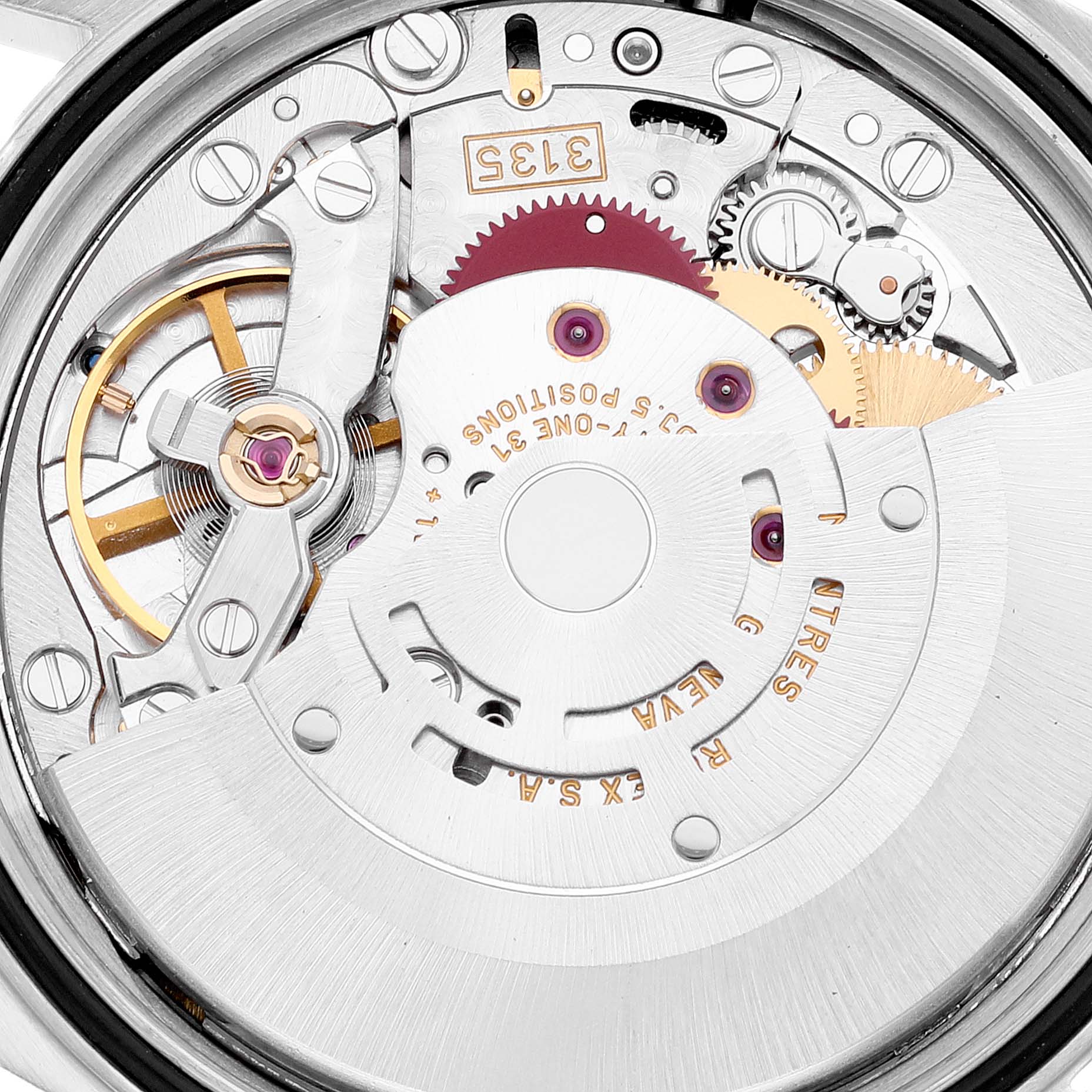 This image shows the inner mechanical workings, or movement, of a Rolex Datejust 16233 Men's Steel and Gold (two tone) Mother of Pearl Dial 16233 Men's Steel and Gold (two tone) Mother of Pearl Dial watch.