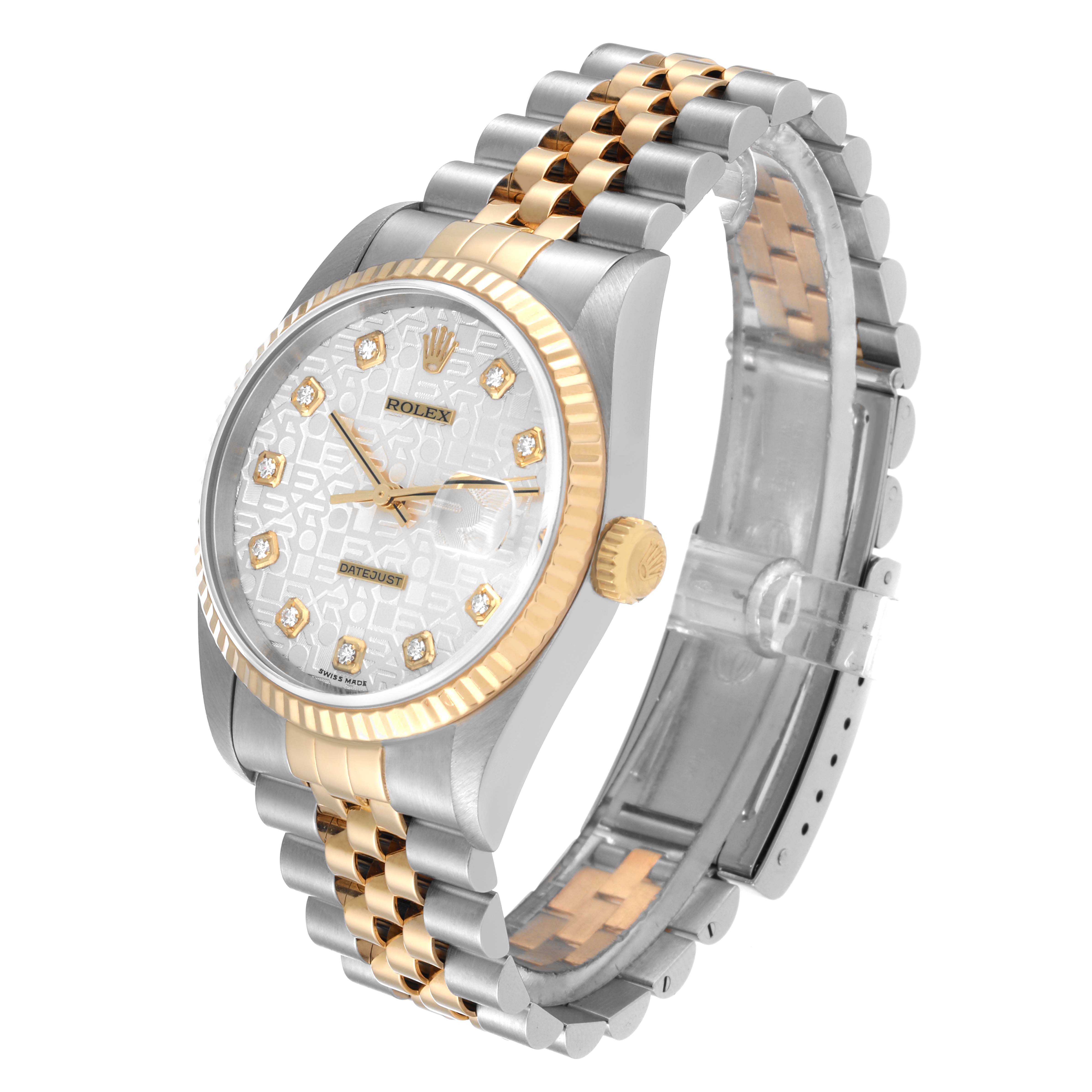 This Rolex Datejust 16233 Men's Steel and Gold (two tone) Silver Dial 16233 Men's Steel and Gold (two tone) Silver Dial watch is shown at a slight angle, featuring its dial, bezel, crown, and bracelet.