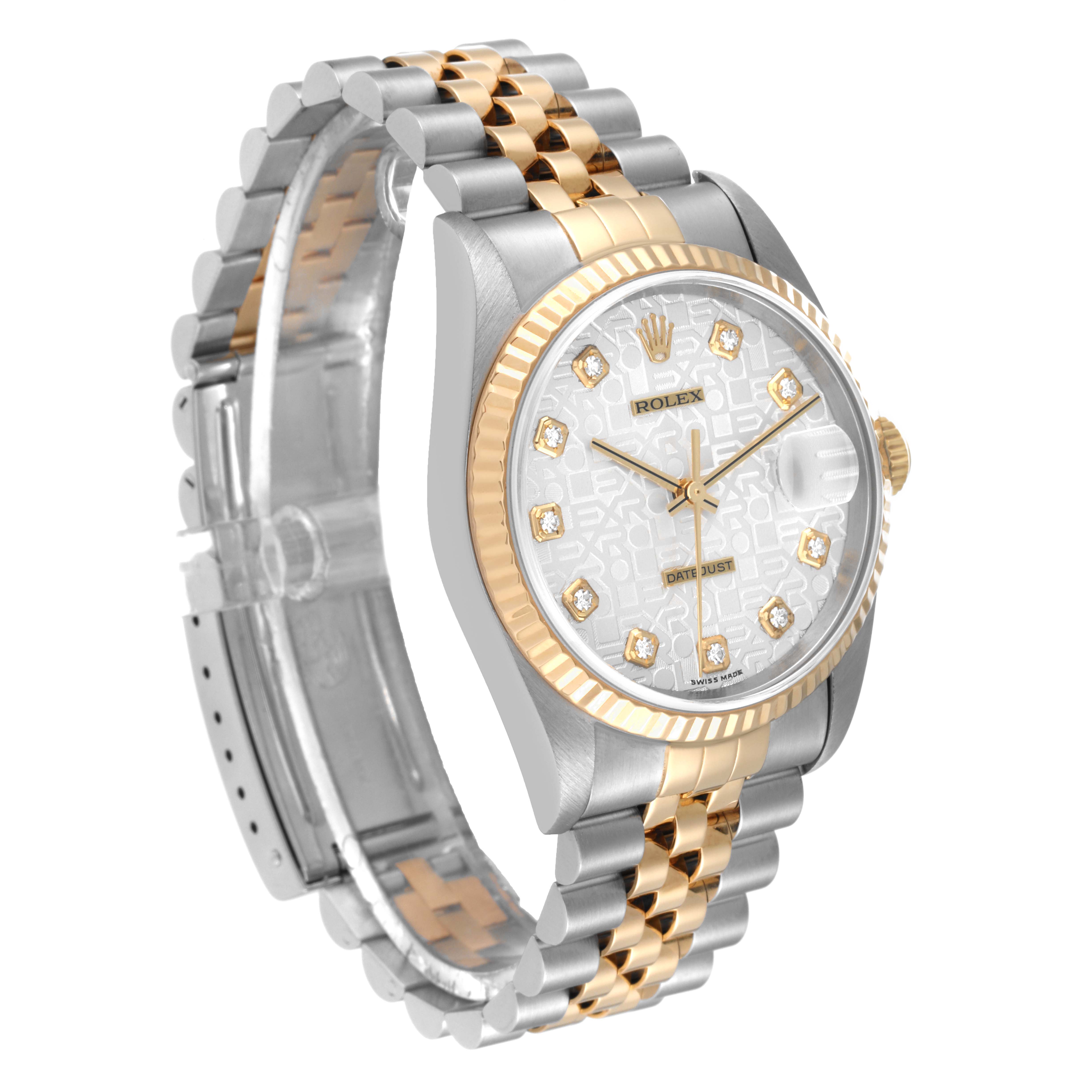 The image shows a side and front angle of a Rolex Datejust 16233 Men's Steel and Gold (two tone) Silver Dial 16233 Men's Steel and Gold (two tone) Silver Dial watch, highlighting its two-tone bracelet and diamond hour markers.