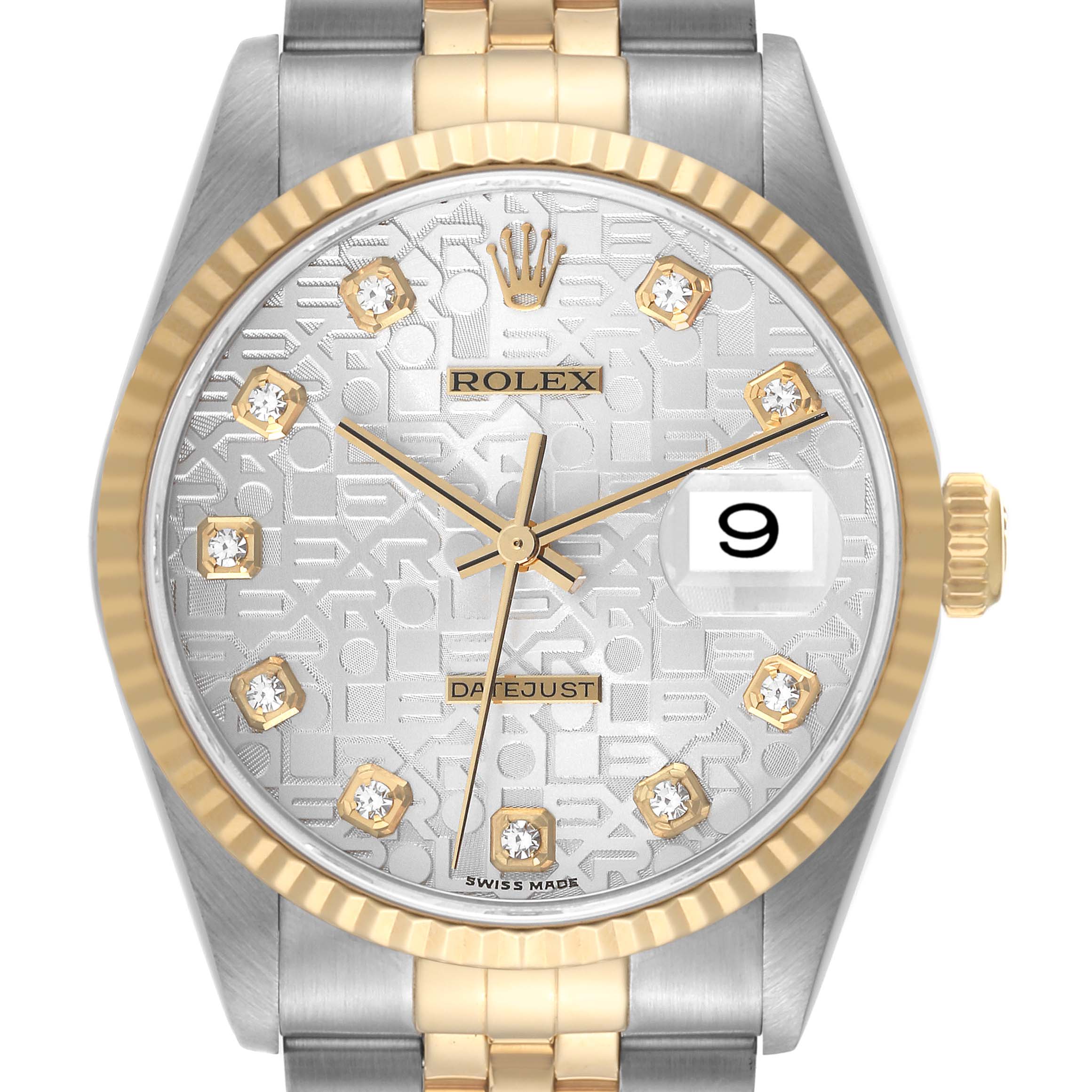 This image shows a front view of a Rolex Datejust 16233 Men's Steel and Gold (two tone) Silver Dial 16233 Men's Steel and Gold (two tone) Silver Dial watch, highlighting the dial, gold bezel, case, and part of the bracelet.