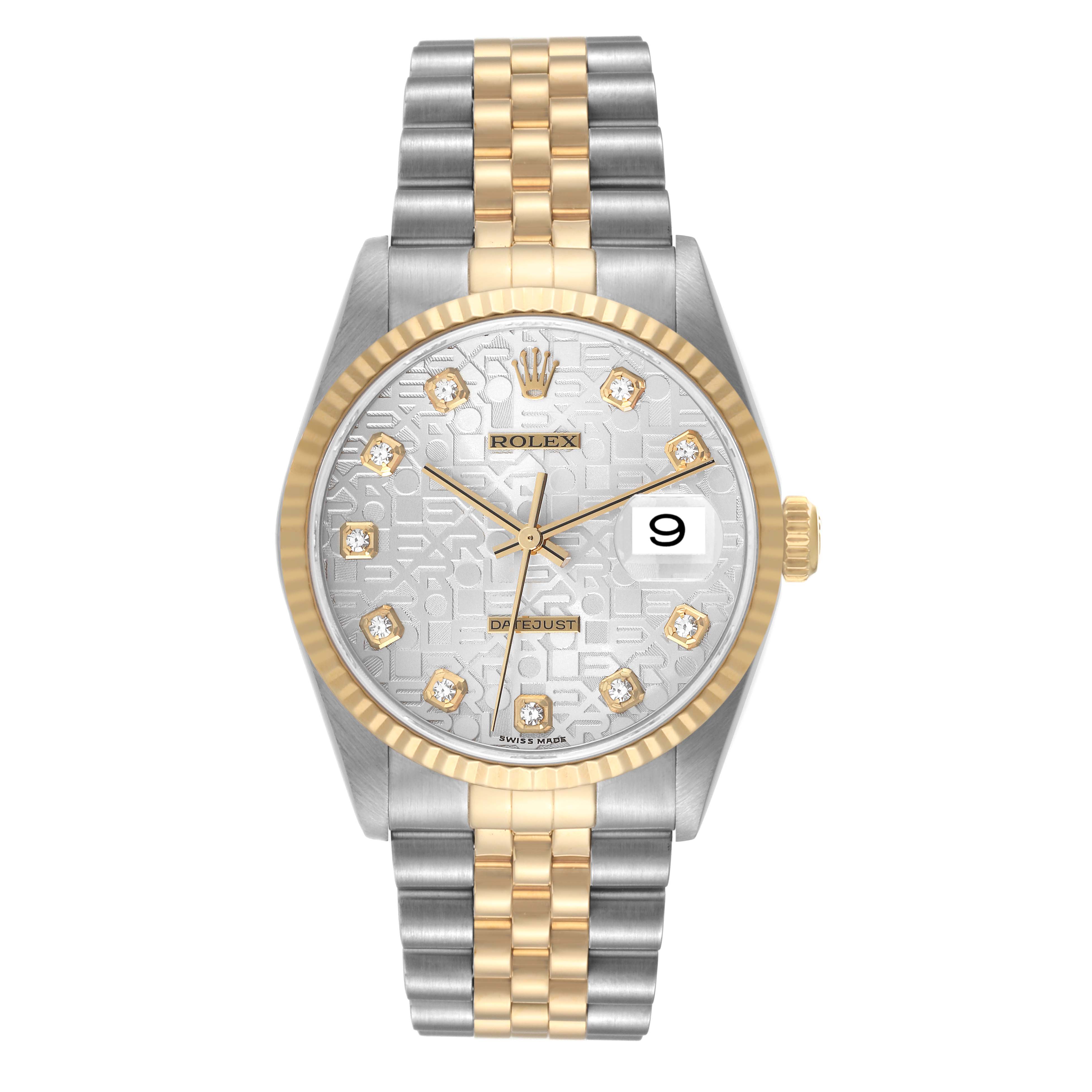 This is a front view of the Rolex Datejust 16233 Men's Steel and Gold (two tone) Silver Dial 16233 Men's Steel and Gold (two tone) Silver Dial model, showing the face, bezel, and two-tone bracelet.