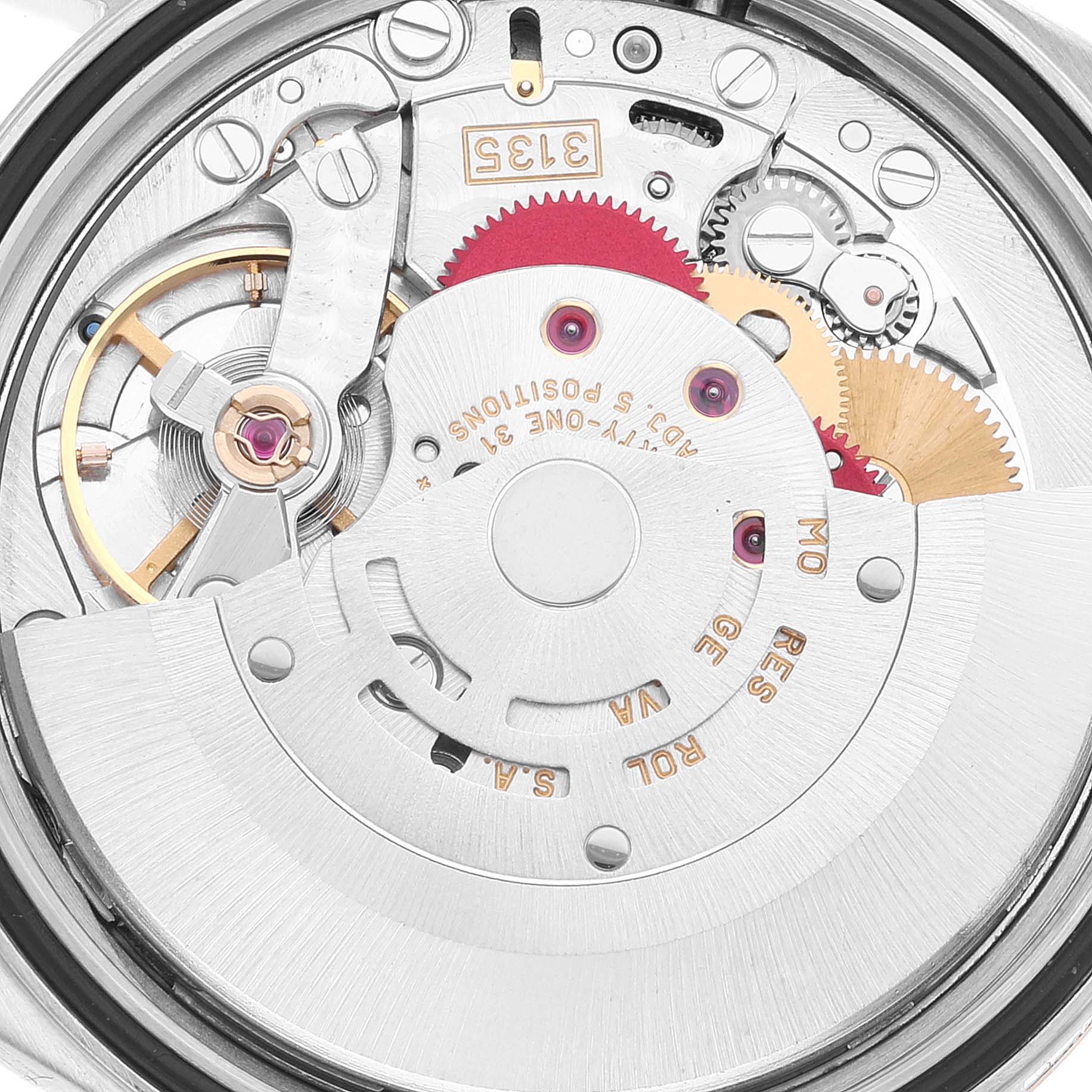 The image shows the internal mechanical movement of a Rolex Datejust 16233 Men's Steel and Gold (two tone) Silver Dial 16233 Men's Steel and Gold (two tone) Silver Dial watch, highlighting the gears and rotor.