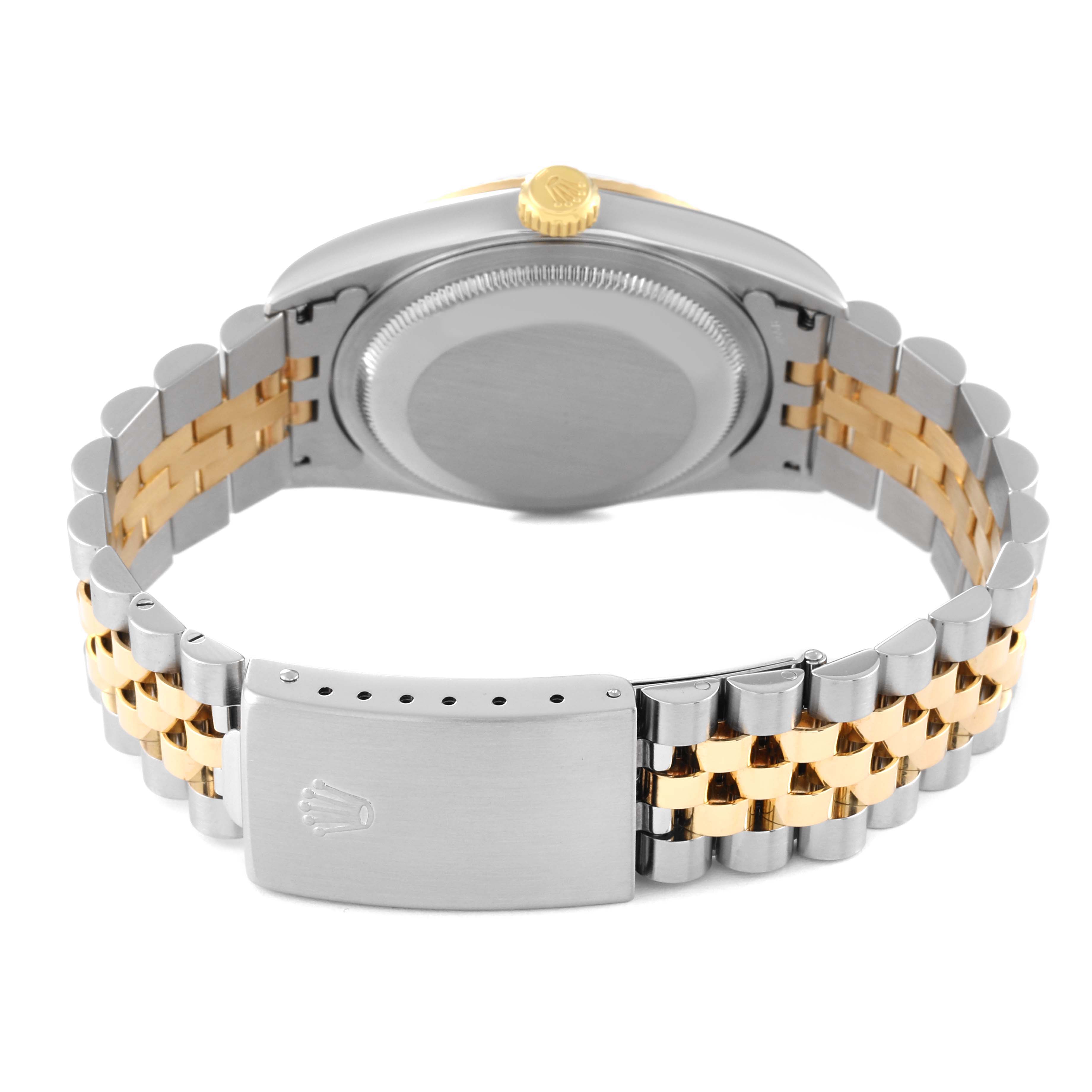 The image shows the back angle of the Rolex Datejust 16233 Men's Steel and Gold (two tone) Silver Dial 16233 Men's Steel and Gold (two tone) Silver Dial watch, focusing on the case back, bracelet, and clasp.