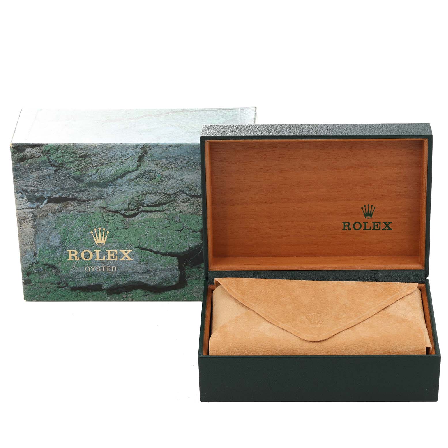 The image shows an open Rolex Datejust 16233 Men's Steel and Gold (two tone) Silver Dial 16233 Men's Steel and Gold (two tone) Silver Dial watch box and protective pouch from a front angle.