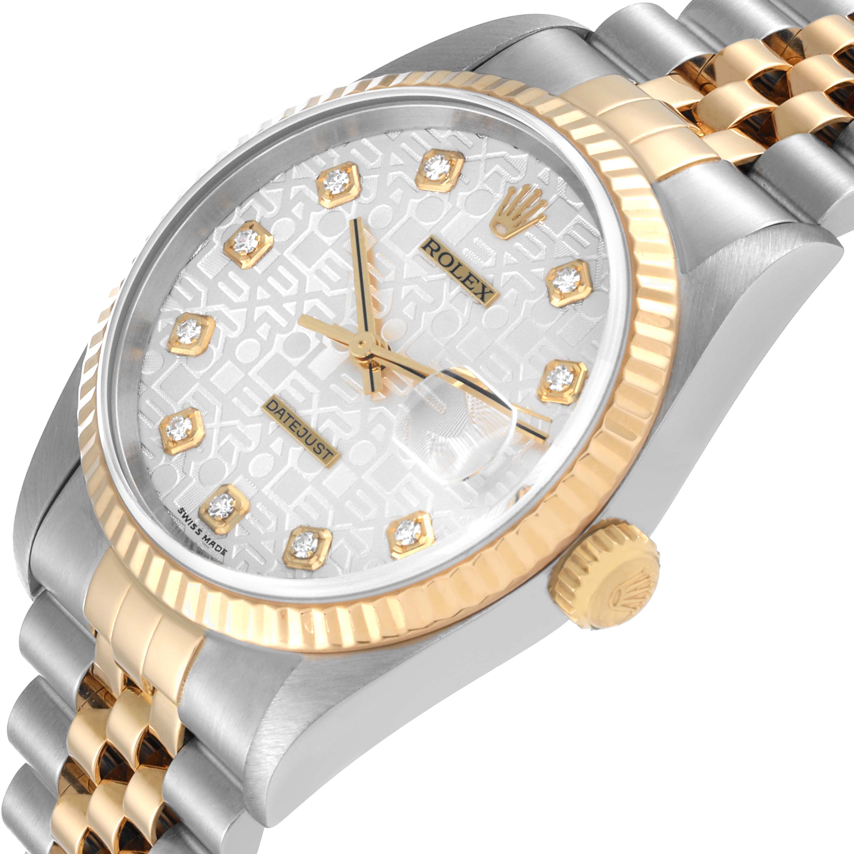 This image shows the face, bezel, crown, and part of the band of a Rolex Datejust 16233 Men's Steel and Gold (two tone) Silver Dial 16233 Men's Steel and Gold (two tone) Silver Dial watch at an oblique angle.