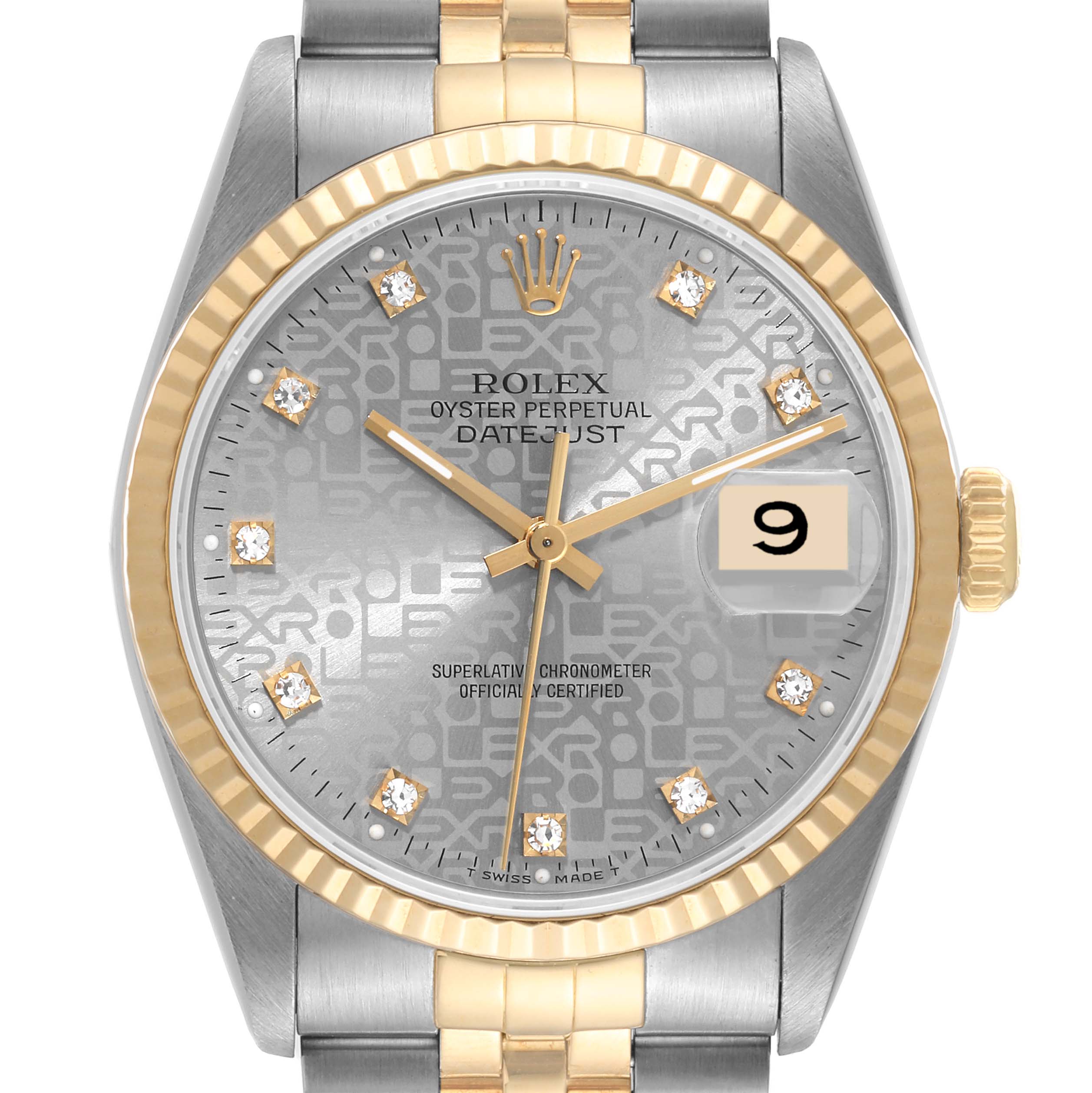The image shows a frontal view of a Rolex Datejust 16233 Men's Steel and Gold (two tone) Silver Dial 16233 Men's Steel and Gold (two tone) Silver Dial watch, highlighting its dial, hands, date window, and bi-color bracelet.
