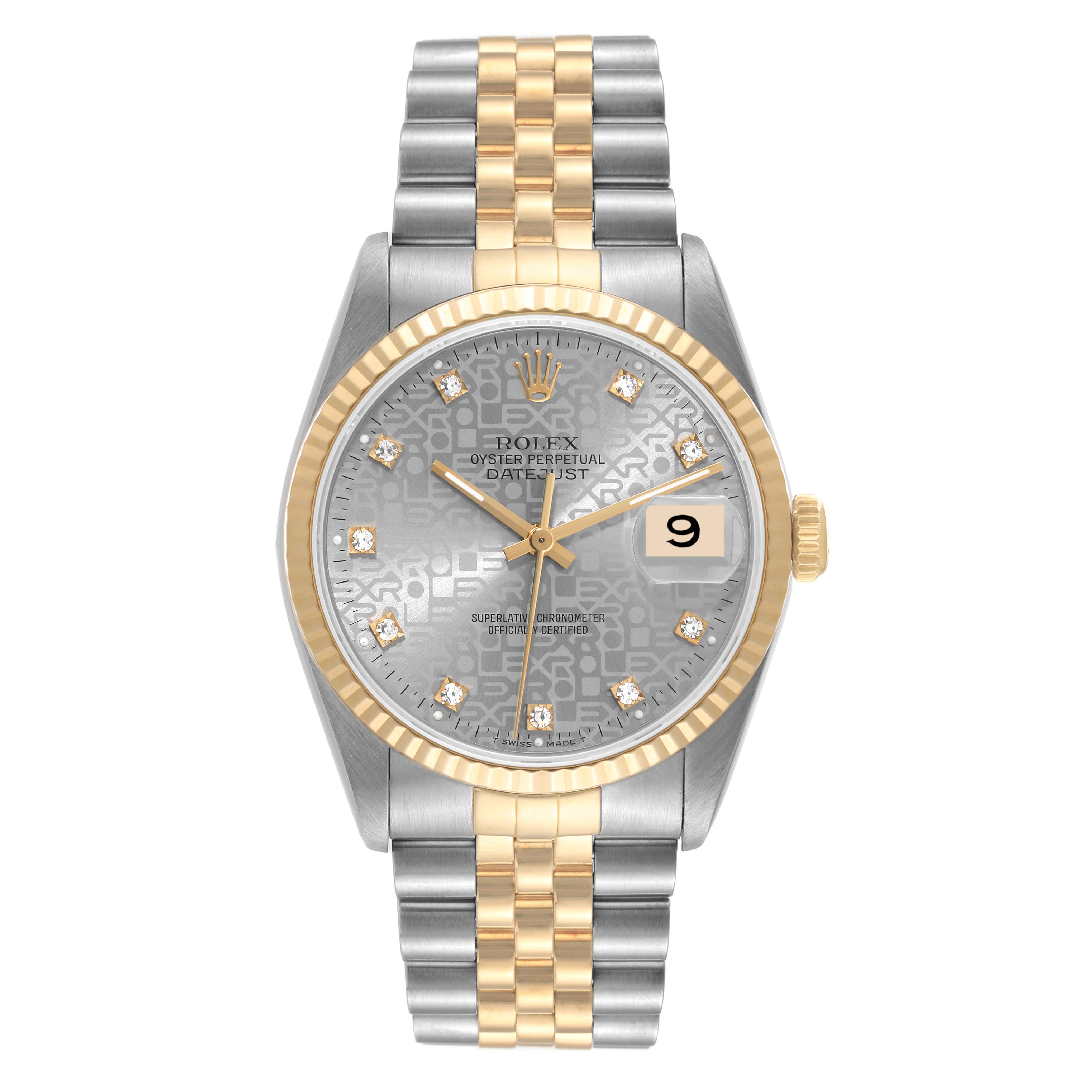 The Rolex Datejust 16233 Men's Steel and Gold (two tone) Silver Dial 16233 Men's Steel and Gold (two tone) Silver Dial watch is shown from a front angle, highlighting its two-tone bracelet, fluted bezel, and date window at 3 o'clock.