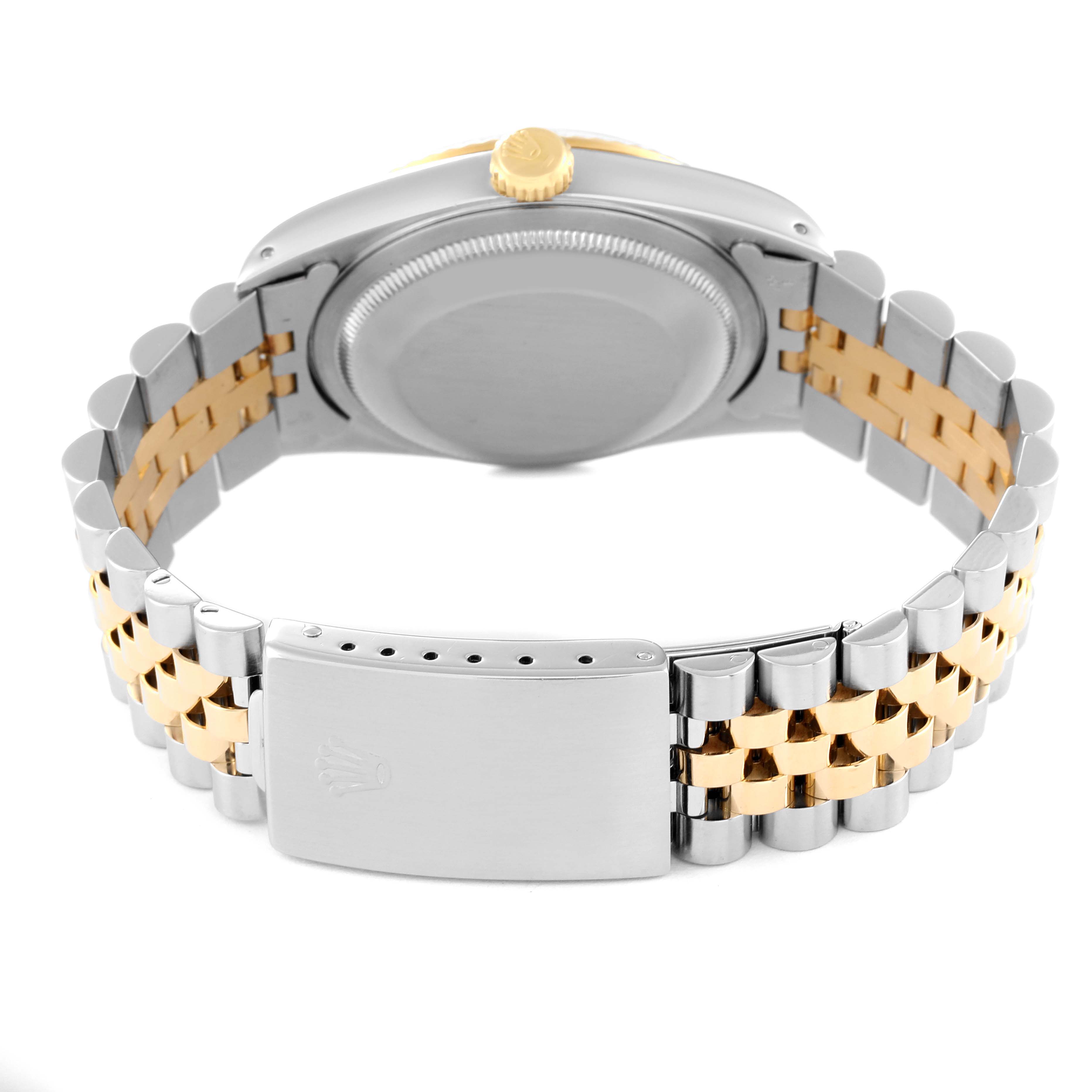 The image shows the back view of a Rolex Datejust 16233 Men's Steel and Gold (two tone) Silver Dial 16233 Men's Steel and Gold (two tone) Silver Dial watch, highlighting its closed clasp and bracelet.