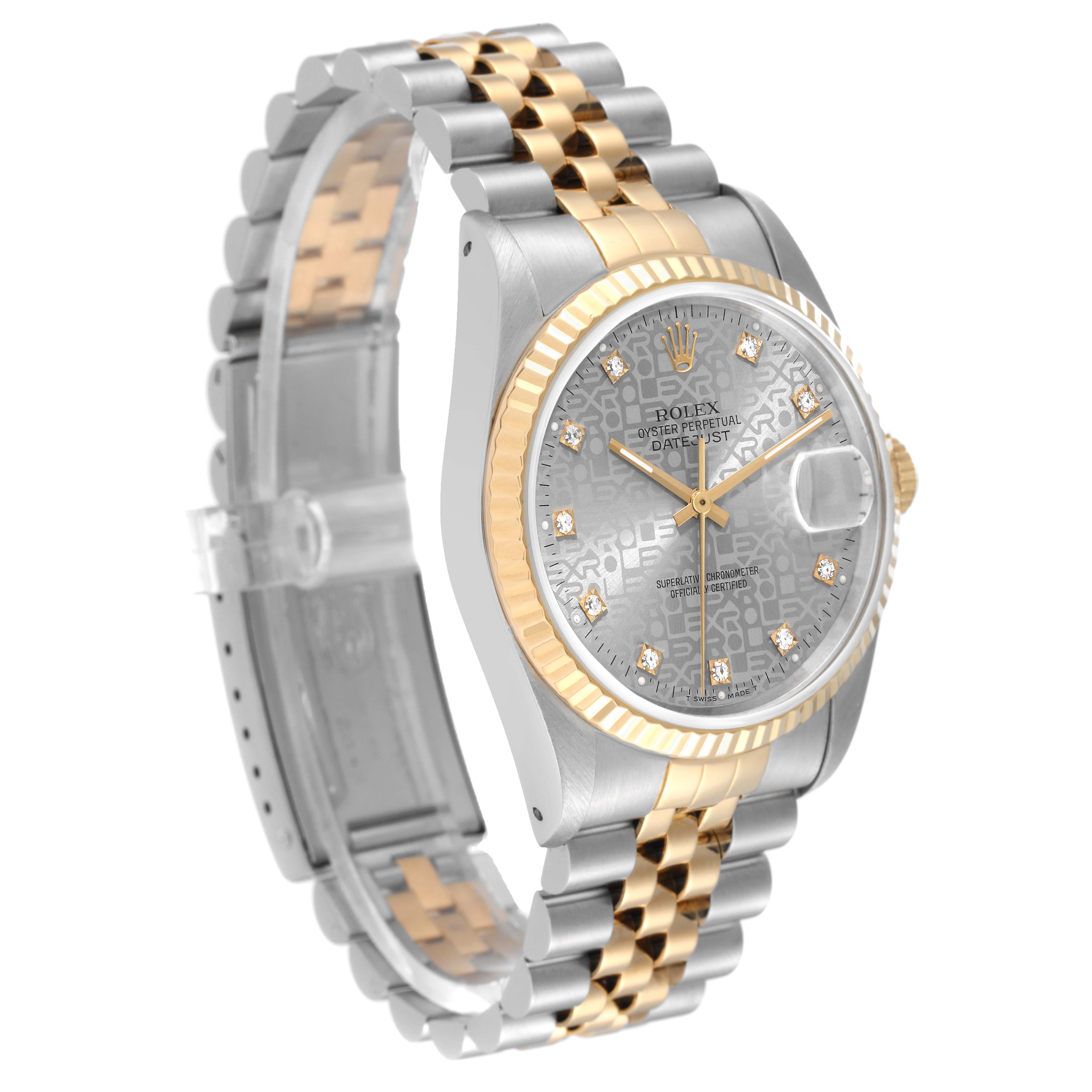 The Rolex Datejust 16233 Men's Steel and Gold (two tone) Silver Dial 16233 Men's Steel and Gold (two tone) Silver Dial watch is shown from an angled side view, highlighting the face, fluted bezel, and two-tone bracelet.