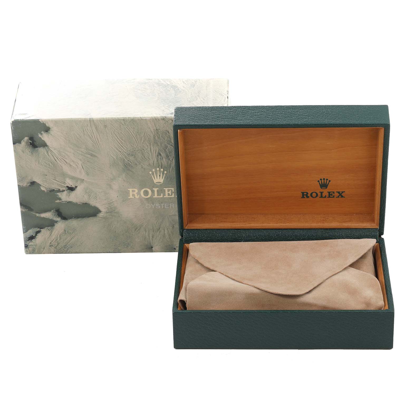The image shows a Rolex Datejust 16233 Men's Steel and Gold (two tone) Silver Dial 16233 Men's Steel and Gold (two tone) Silver Dial watch box and a suede pouch, with the outer box and inner wooden box open.