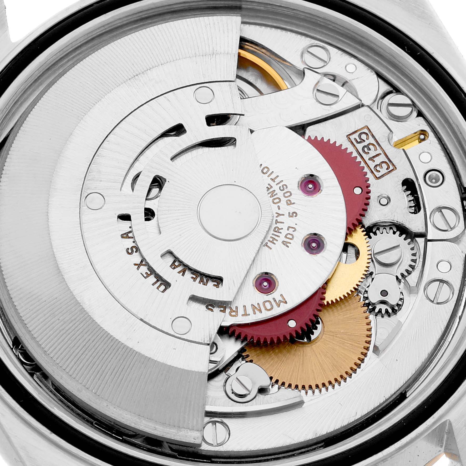 The image shows a close-up view of the inner mechanism and movement components of a Rolex Datejust 16233 Men's Steel and Gold (two tone) Silver Dial 16233 Men's Steel and Gold (two tone) Silver Dial watch.