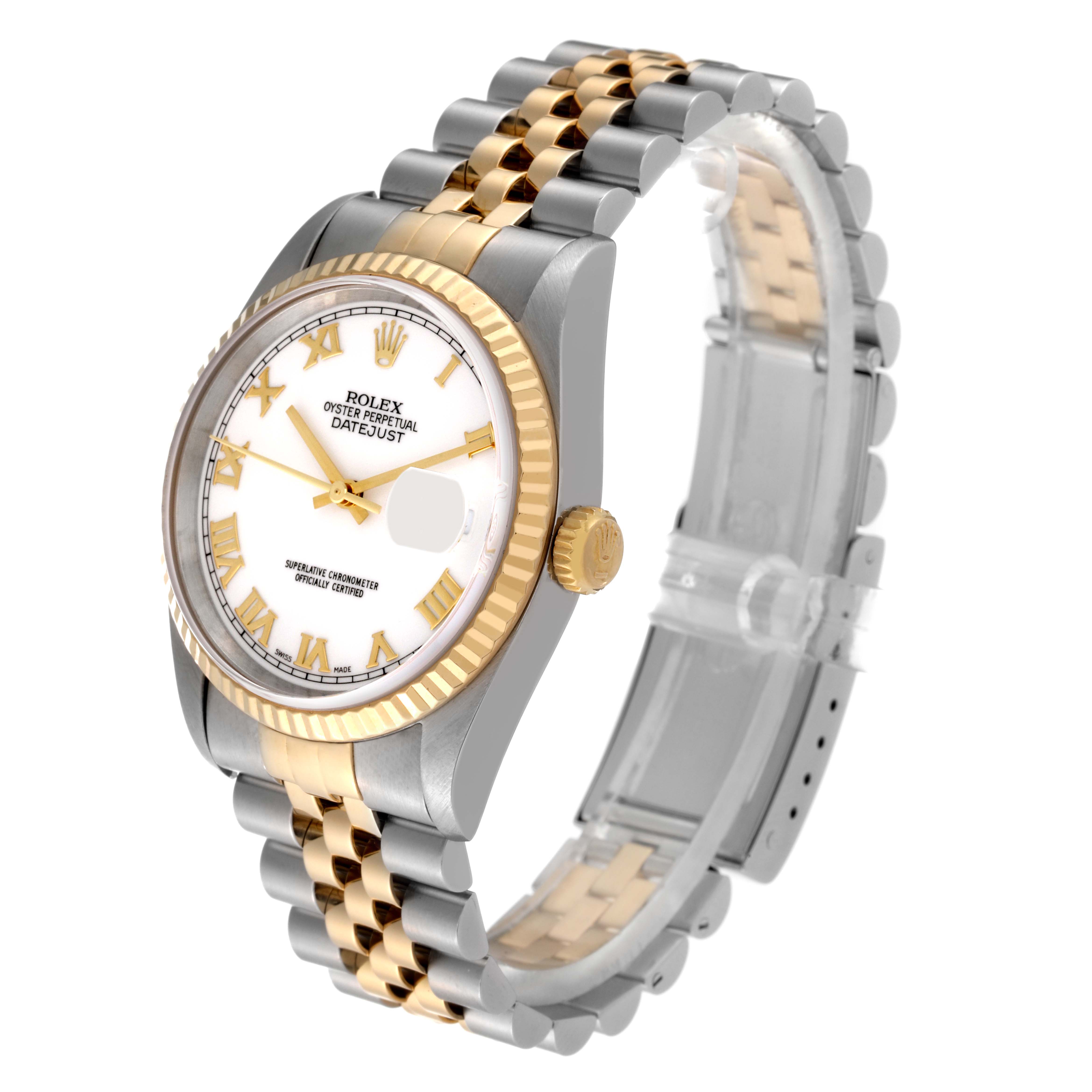 This image shows a Rolex Datejust 16233 Men's Steel and Gold (two tone) White Dial 16233 Men's Steel and Gold (two tone) White Dial watch at a slight angle, highlighting its face, bezel, and two-tone bracelet.