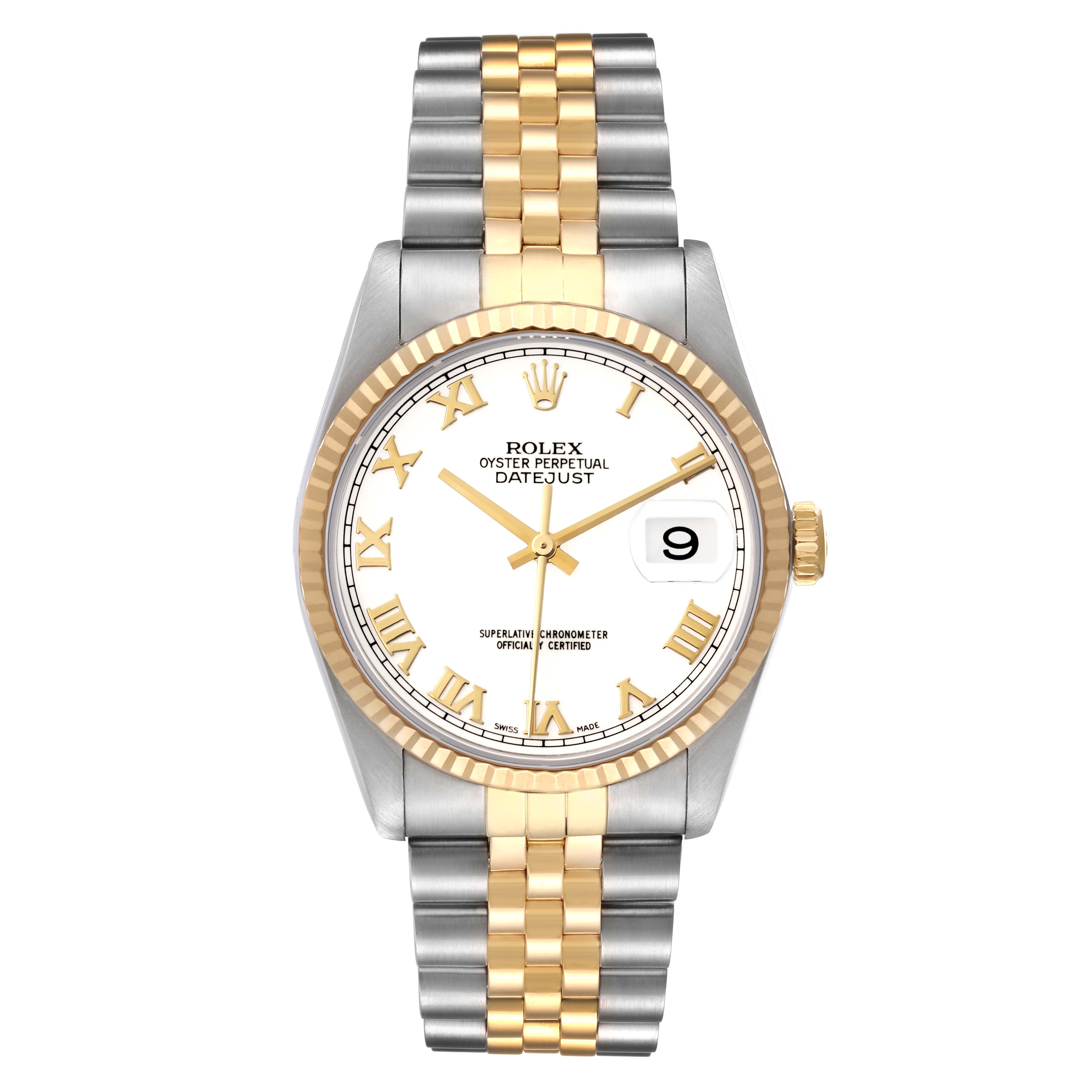 The Rolex Datejust 16233 Men's Steel and Gold (two tone) White Dial 16233 Men's Steel and Gold (two tone) White Dial watch is shown from a front angle, displaying the face, bezel, and two-tone bracelet.