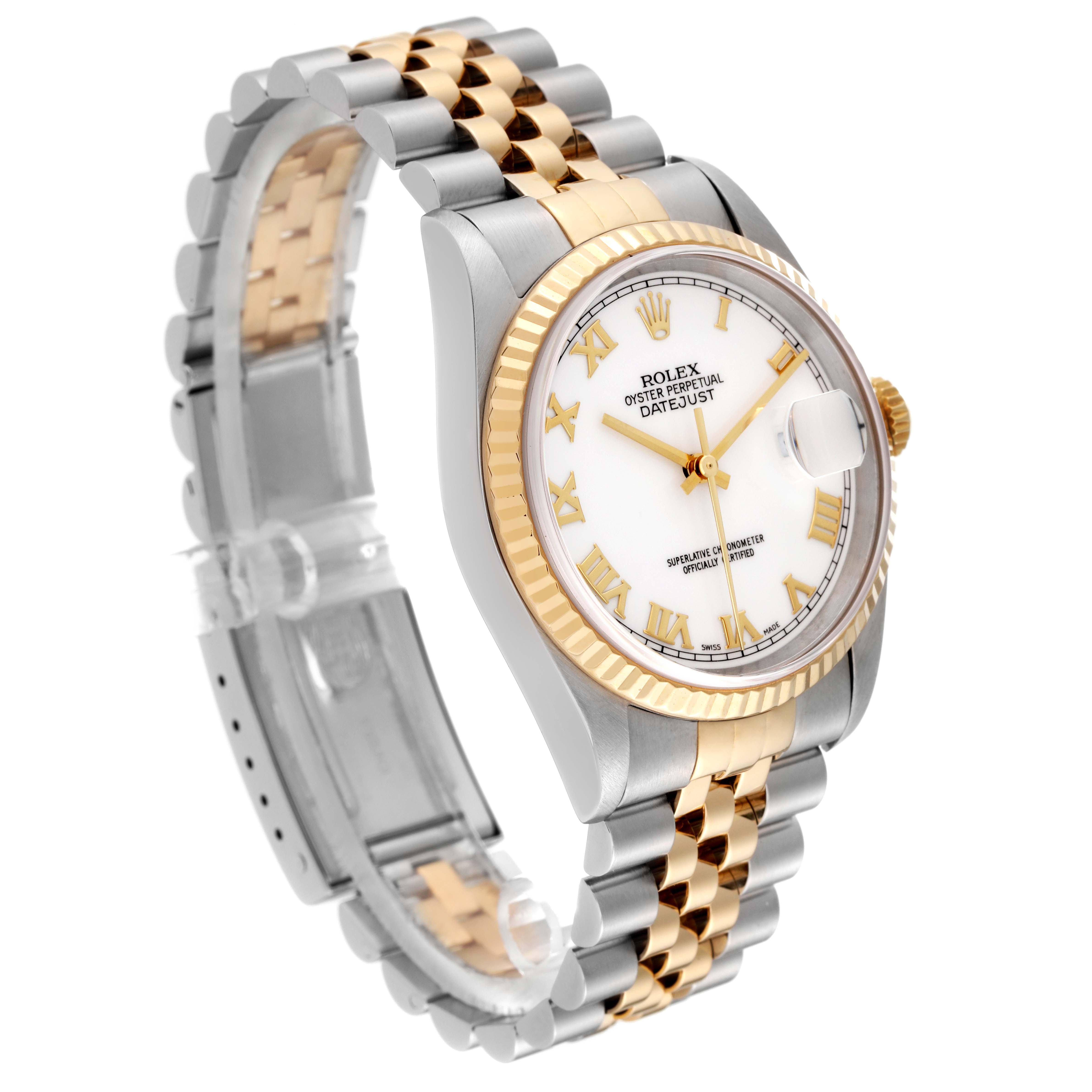 The Rolex Datejust 16233 Men's Steel and Gold (two tone) White Dial 16233 Men's Steel and Gold (two tone) White Dial watch is shown at a front-left angle, displaying its two-tone bracelet, gold bezel, and white dial with Roman numerals.