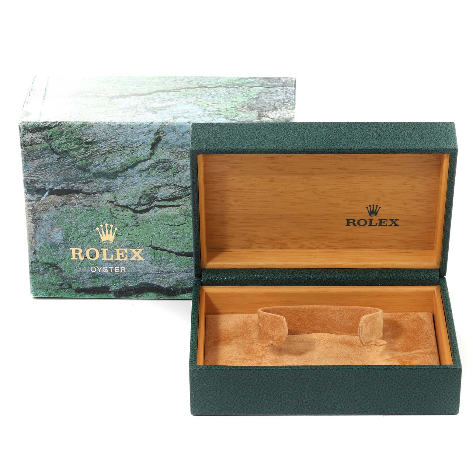 The image shows an open Rolex Datejust 16233 Men's Steel and Gold (two tone) White Dial 16233 Men's Steel and Gold (two tone) White Dial watch box with green exterior, wood interior, and branding displayed on both the box and outer packaging.