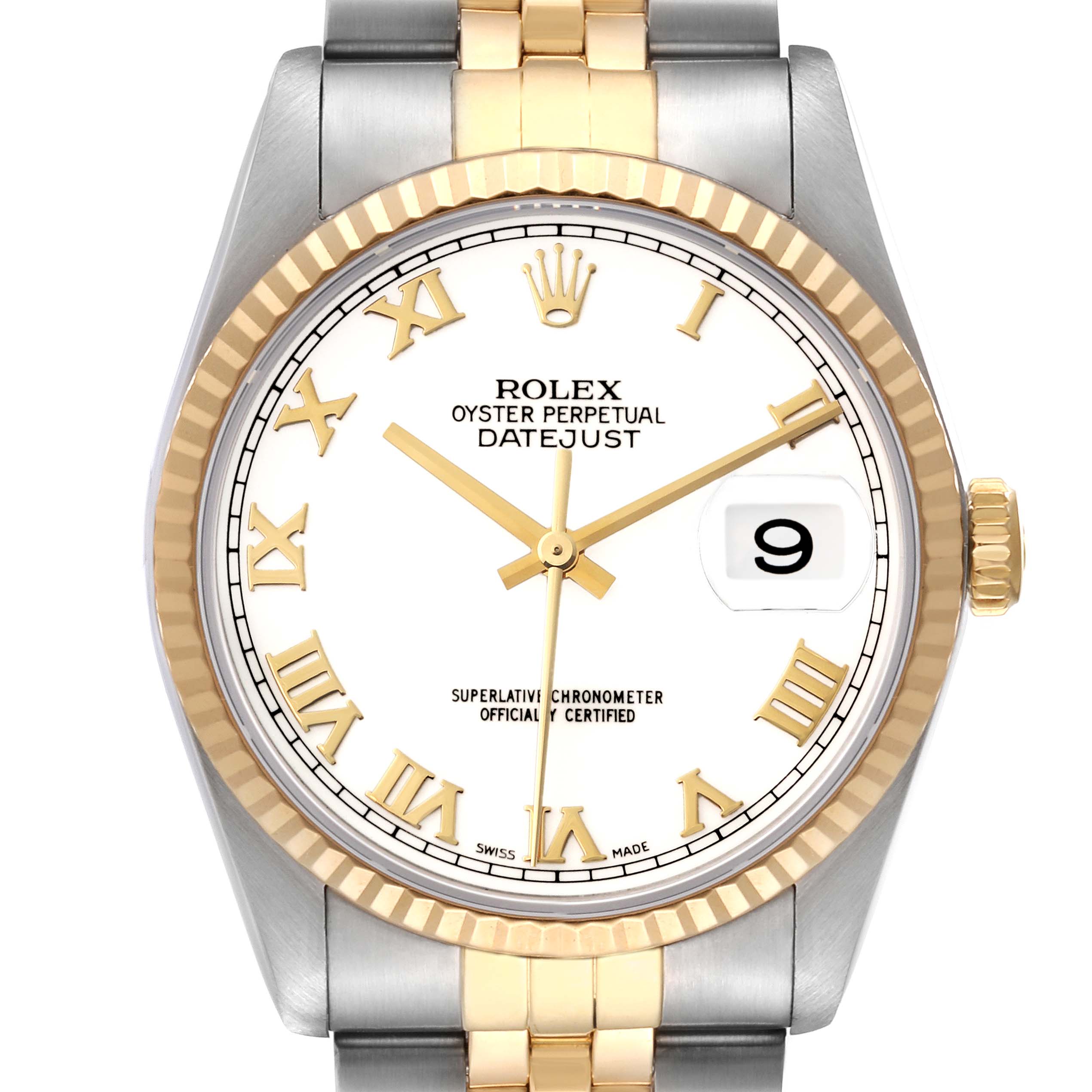 This Rolex Datejust 16233 Men's Steel and Gold (two tone) White Dial 16233 Men's Steel and Gold (two tone) White Dial watch is shown from the front, highlighting its dial, bezel, and bracelet.