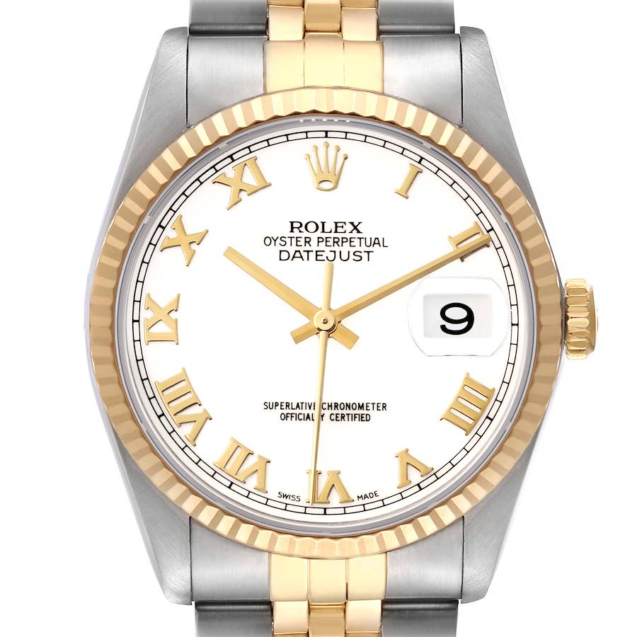 This Rolex Datejust watch is shown from the front, highlighting its dial, bezel, and bracelet.