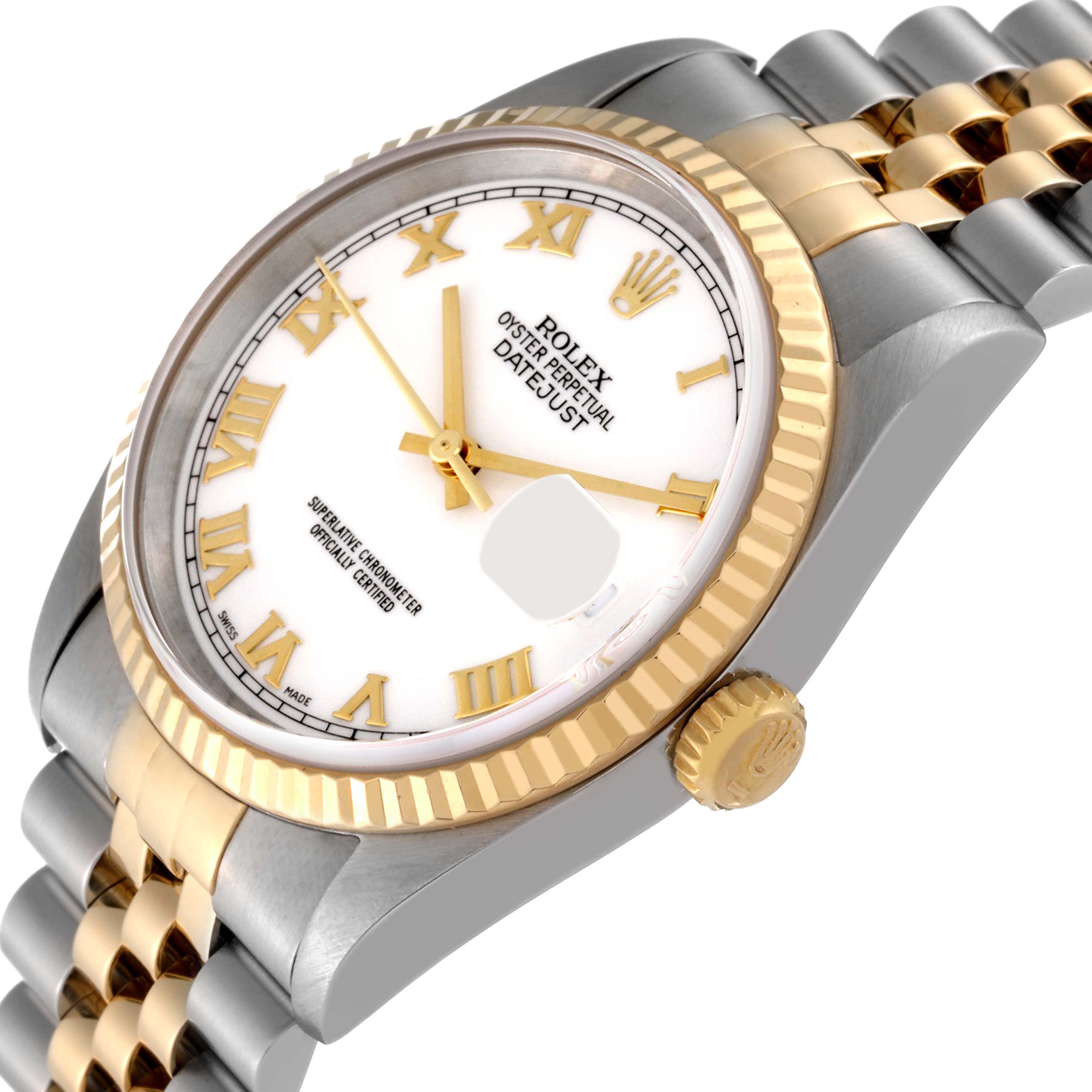 The image shows a side-angle view of the Rolex Datejust 16233 Men's Steel and Gold (two tone) White Dial 16233 Men's Steel and Gold (two tone) White Dial, highlighting the white dial, gold bezel, crown, and Jubilee bracelet.