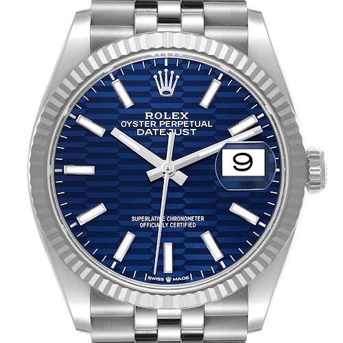 Photo of Rolex Datejust Steel White Gold Blue Fluted Dial Mens Watch 126234 Box Card