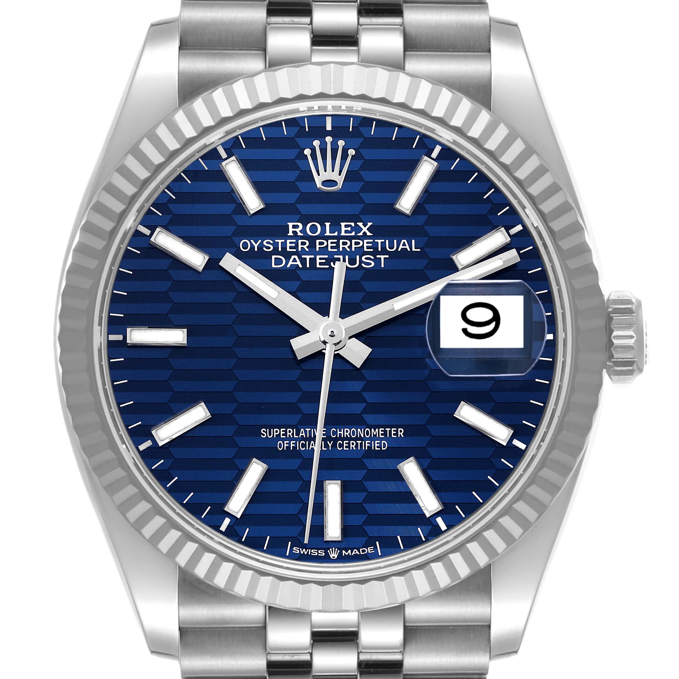 This is a close-up of the Rolex Datejust 126234 Men's Stainless Steel Blue Dial 126234 Men's Stainless Steel Blue Dial watch, displaying the blue dial, date window, and part of the bracelet and bezel.