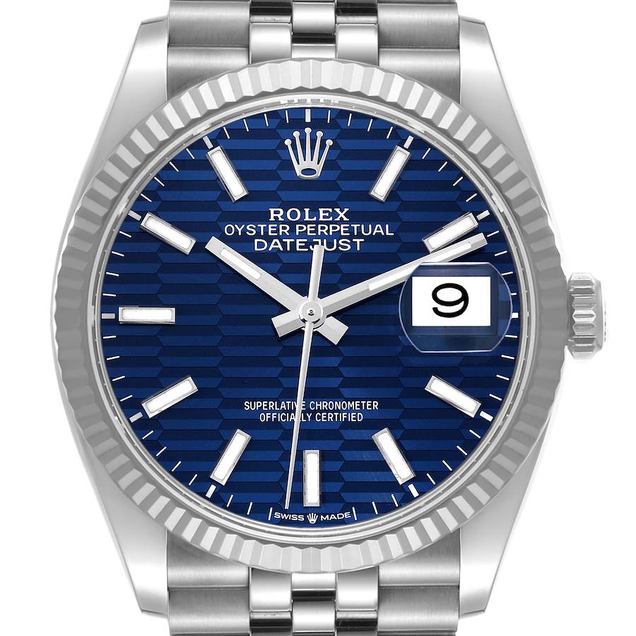 Rolex Datejust Steel White Gold Blue Fluted Dial Mens Watch 126234 Box Card SwissWatchExpo