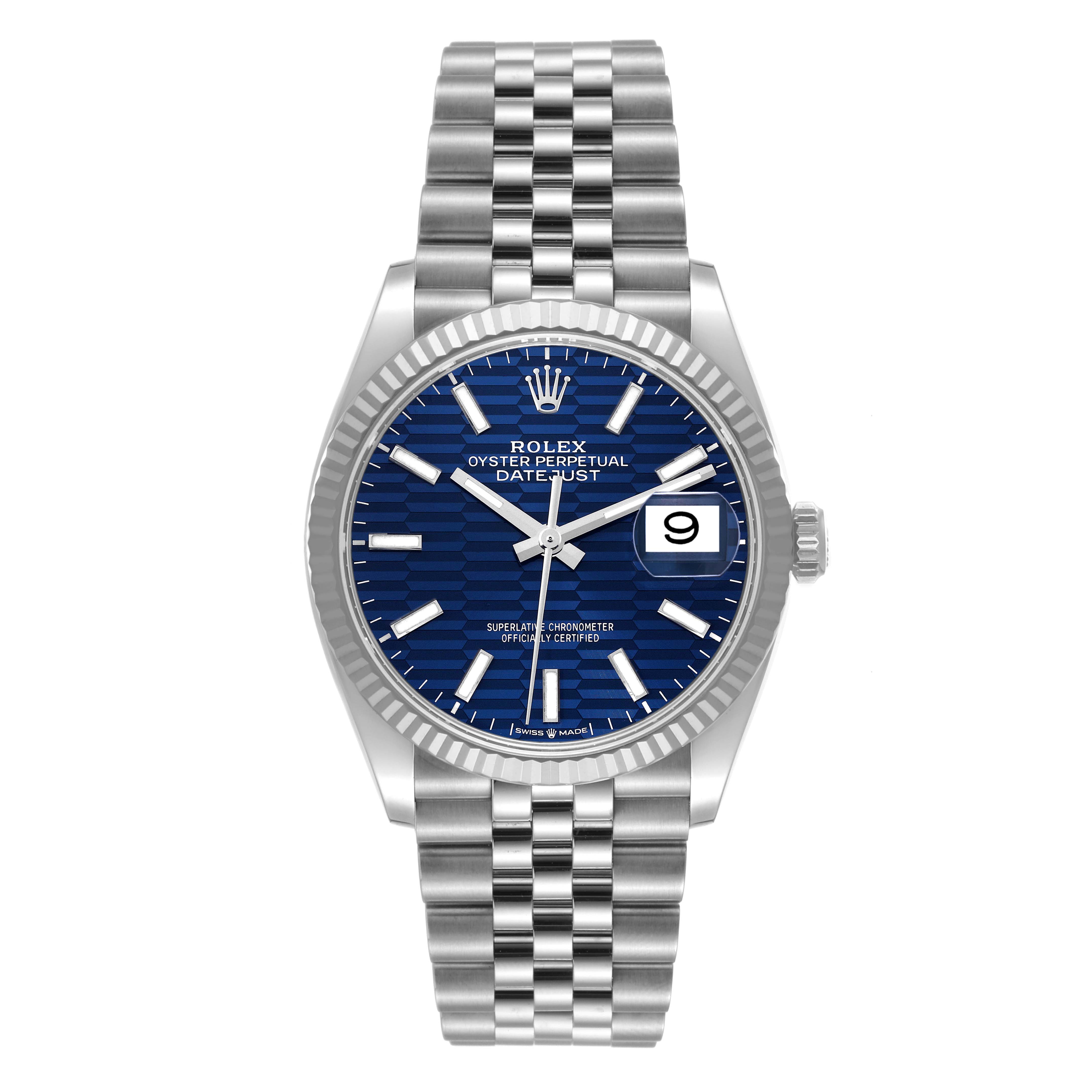 The Rolex Datejust 126234 Men's Stainless Steel Blue Dial 126234 Men's Stainless Steel Blue Dial model watch is shown from a front angle, highlighting its blue dial, date display, and Jubilee bracelet.