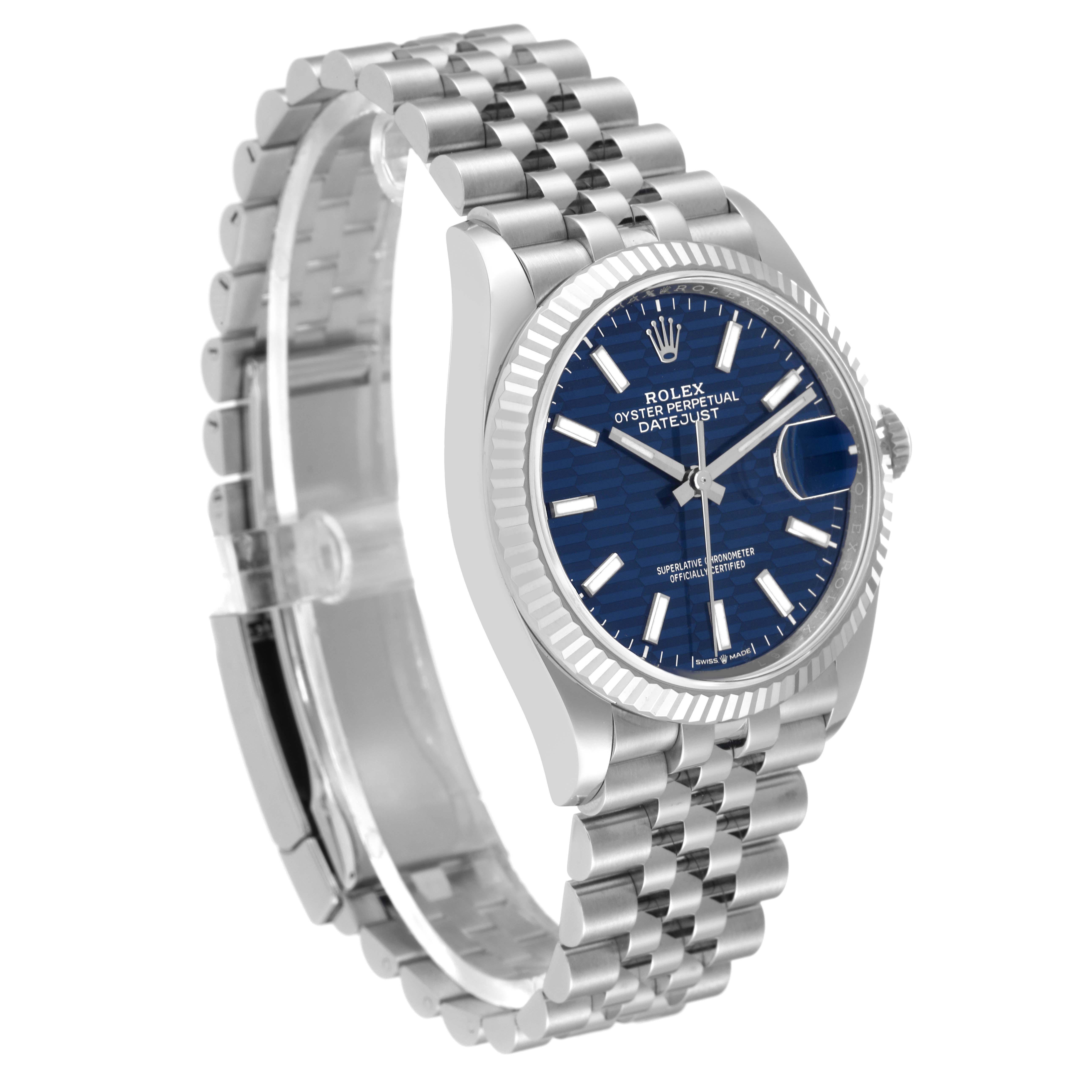 The image shows a Rolex Datejust 126234 Men's Stainless Steel Blue Dial 126234 Men's Stainless Steel Blue Dial watch at an angled view, highlighting its bracelet, fluted bezel, and blue dial.